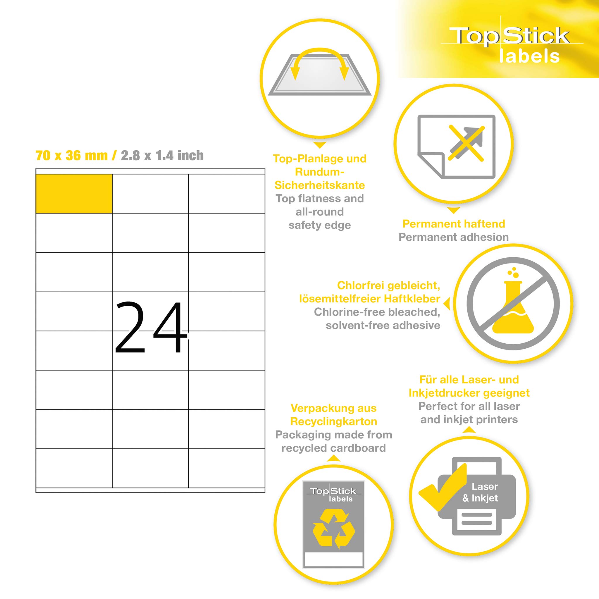 TopStick Etichette per Indirizzi, 70 x 36 mm, Etichette Adesive A4 per Stampante, 24 Etichette per Foglio, Bianco