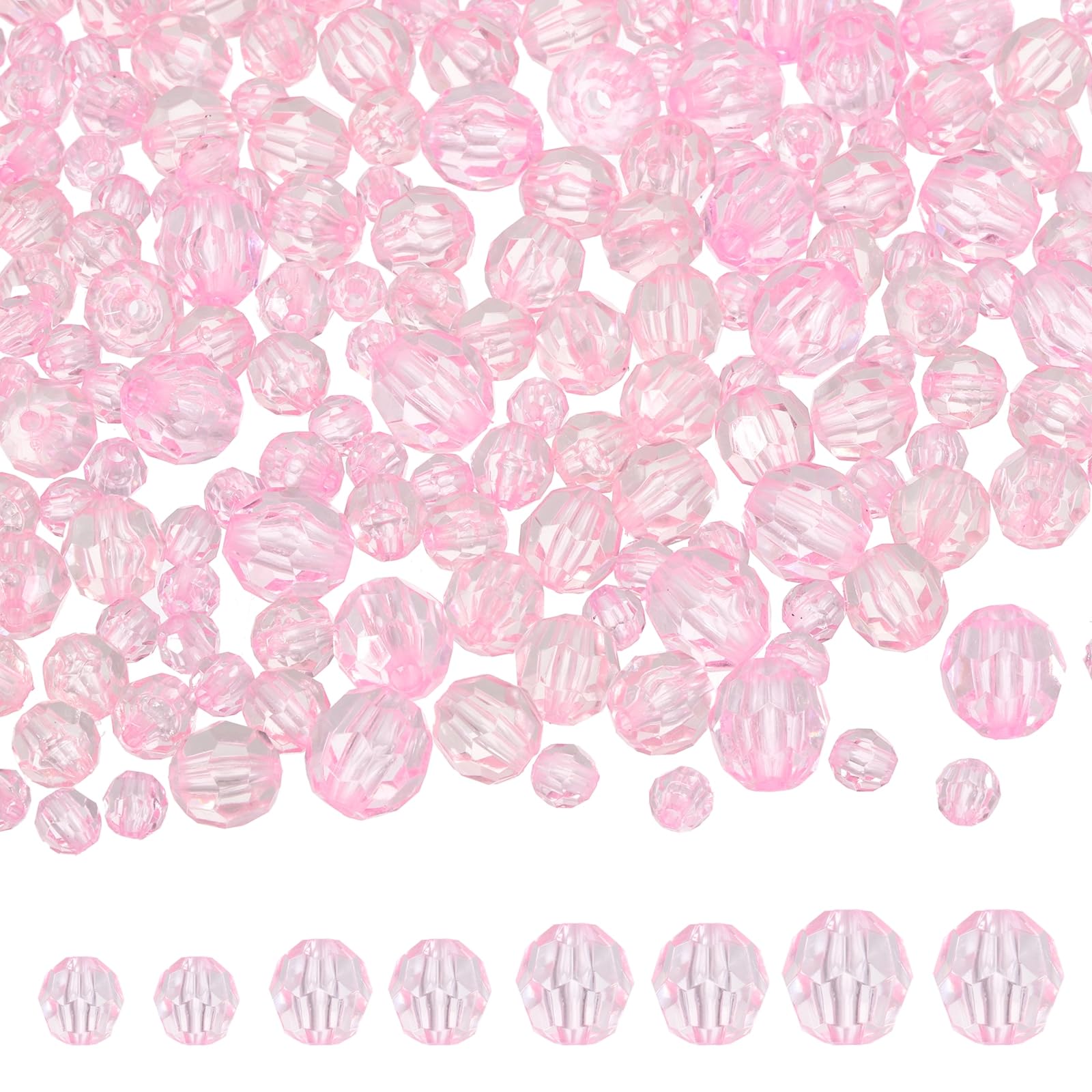sourcing map 850 Pcs Acrylic Round Faceted Beads 6mm 8mm 10mm 12mm Loose Crystal Spacer Bead for Bracelets Necklace Keychains DIY Crafts Jewelry Making, Pink