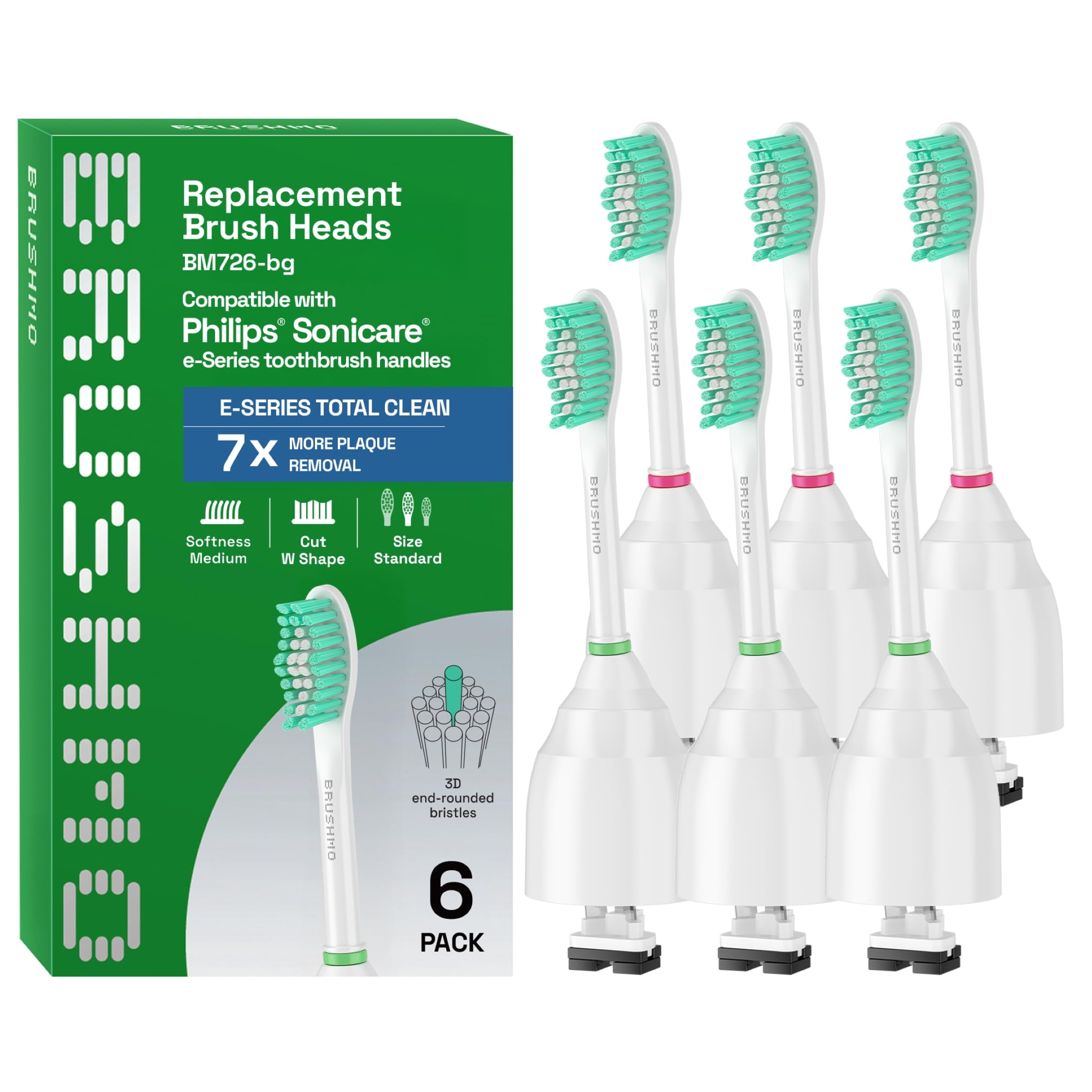 Brushmo e-Series Total Clean Replacement Toothbrush Heads, Compatible with Philips Sonicare Screw-on Electric Toothbrush Handles, 6 Standard Heads,