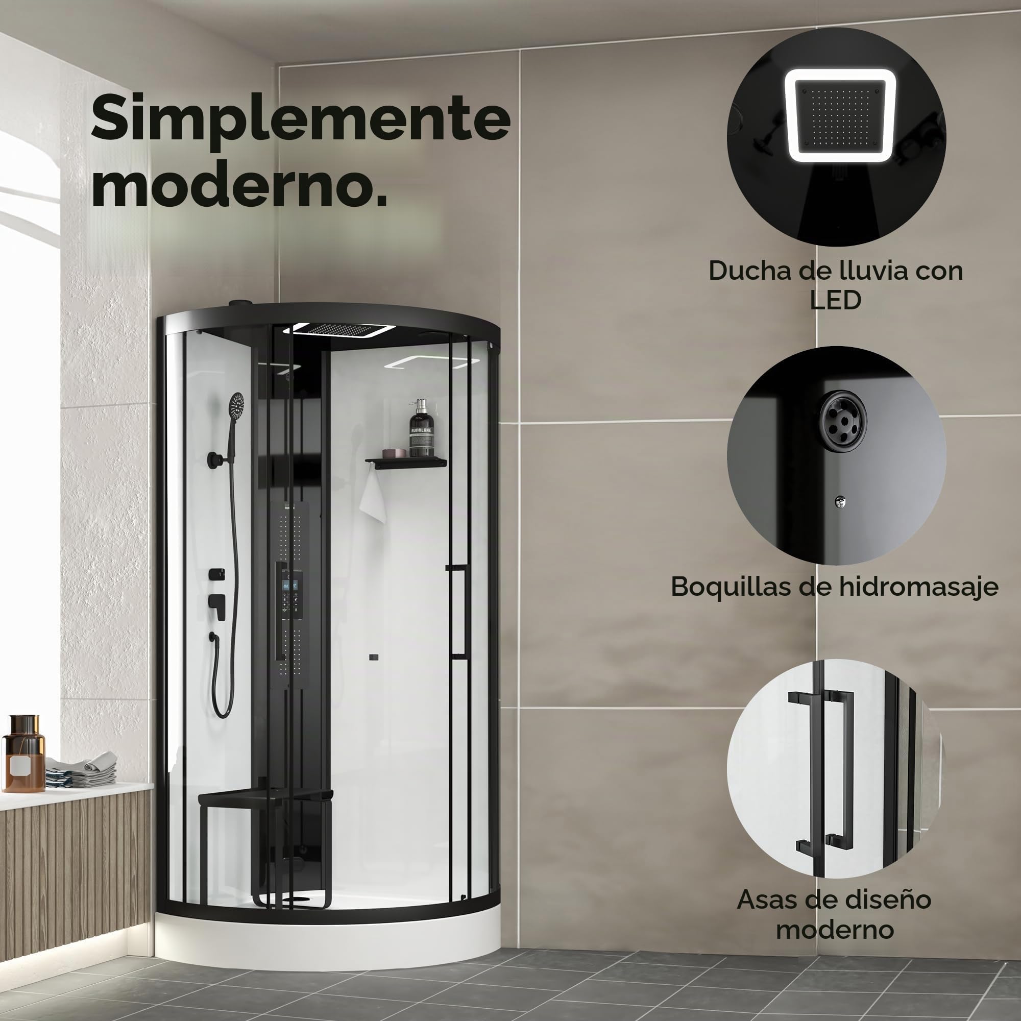 Marwell Cabina de ducha de vapor Spa Round 95 x 95 x 218 cm, juego completo con bañera acrílica y grifo, con ducha de lluvia LED, radio y altavoz Bluetooth