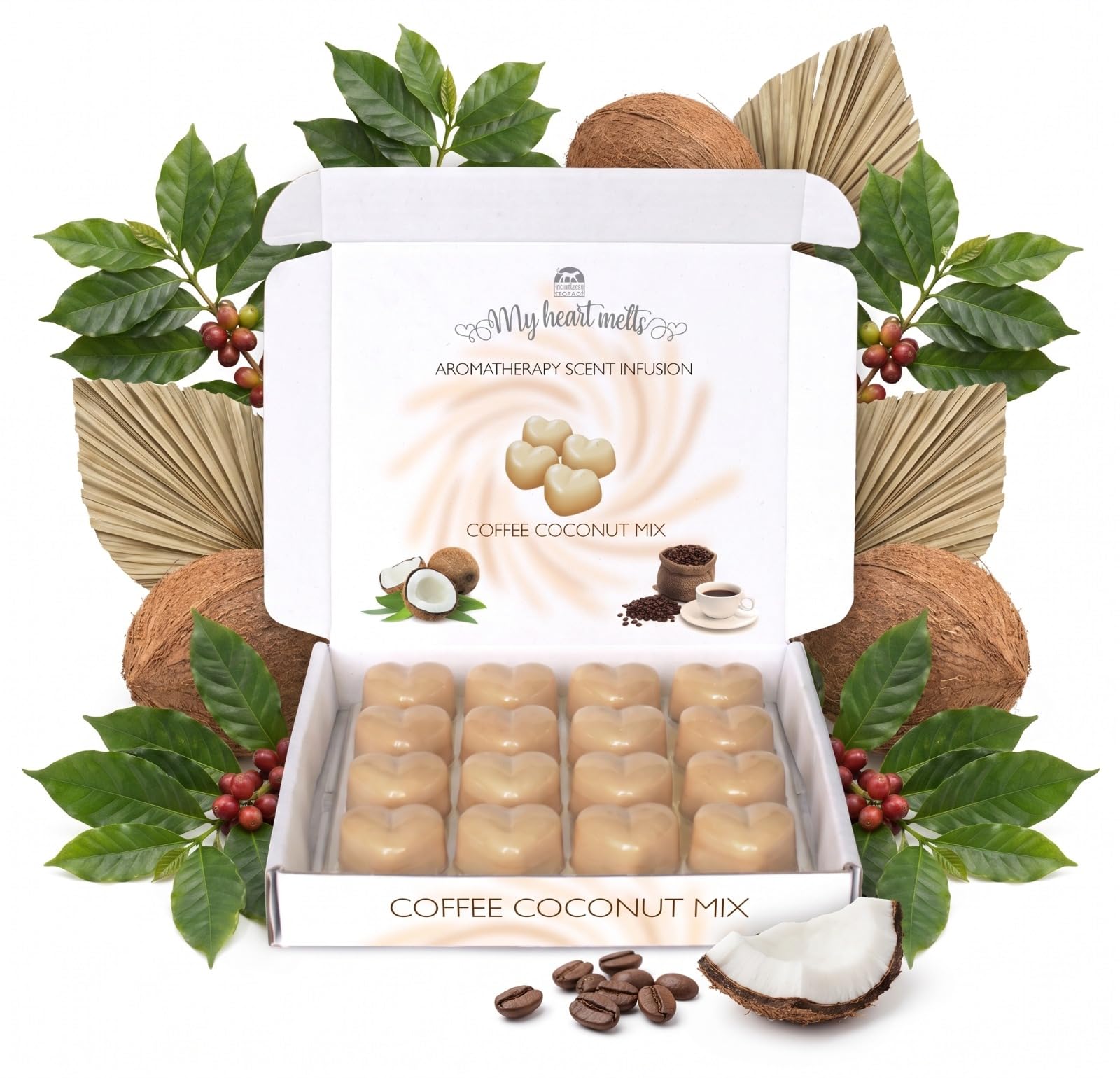Coffee Coconut Mix Wax Melts: 16 x 6g Heart Shaped Aromatherapy Scent Infusion in a White Gift Box, Pet Friendly, Cruelty Free, Candle Alternative by Spotless Leopard