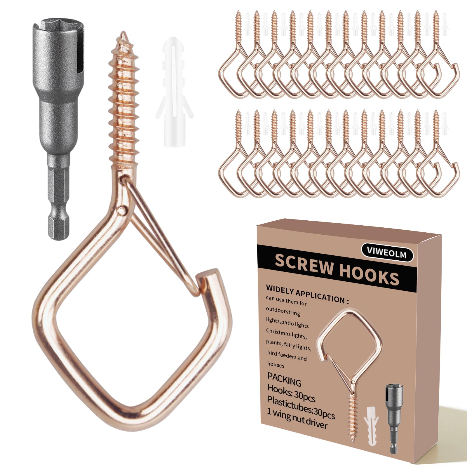 Viweolm 30 Pcs Rose Gold Eye Hooks Screw Heavy Duty,Ceiling Hooks for Hanging Plants,String Lights,Cup,Wind Chime,Bird Feeders. Plant Hanger Indoor&Outdoor