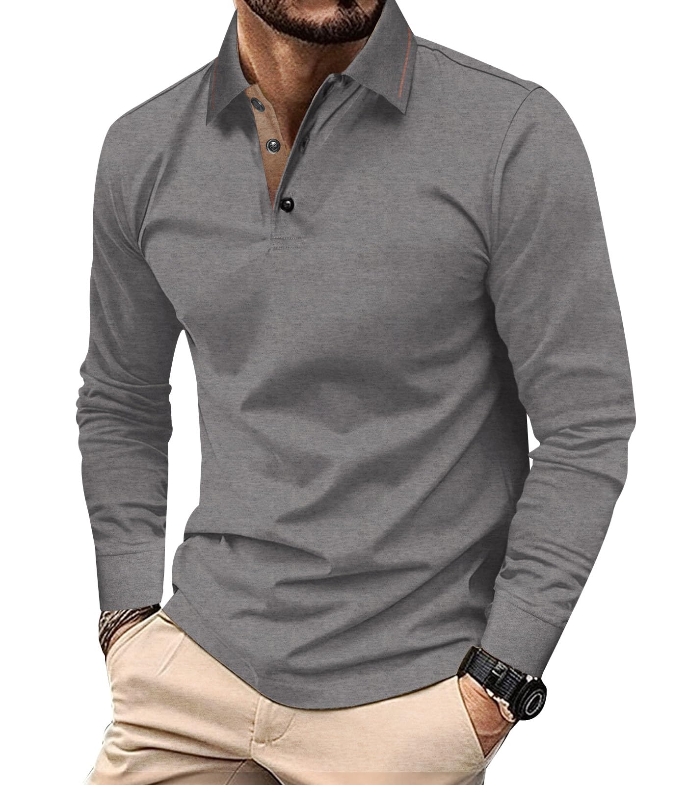 Comilaka Uomo Polo Casual Manica Lunga Poloshirt Top Golf Maglietta Cotone Colori a Contrasto Autunno Inverno Classico