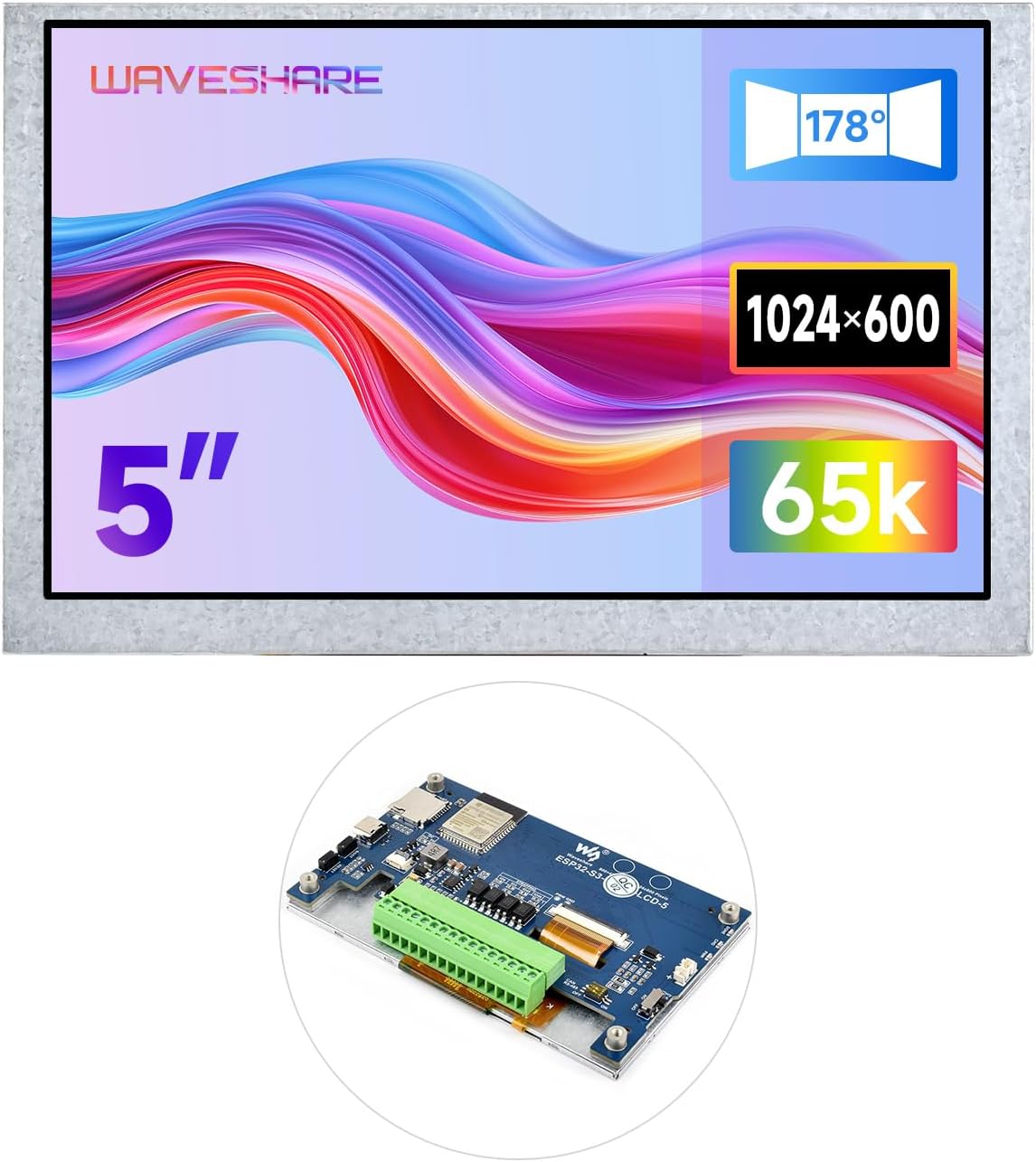 Waveshare ESP32-S3 5inch Display Development Board, 1024x600, 32-Bit LX7 Dual-Core Processor, Up to 240MHz Frequency, Supports WiFi & Bluetooth, with Onboard Antenna, No Touch