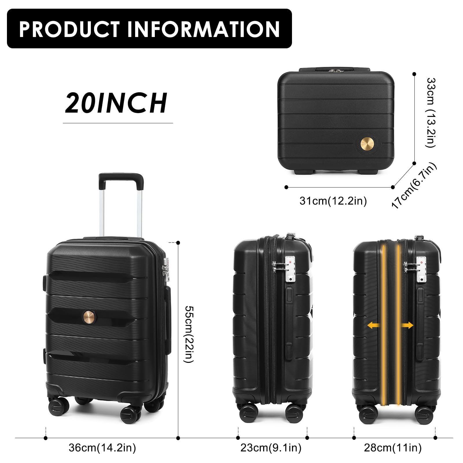 Sea choice Valise Cabine Extensible Valise Rigide légère en PP avec 4 roulettes Doubles Pivotantes avec Fermeture éclair, approuvé Serrure TSA, avec Vanity, 55x39x21cm