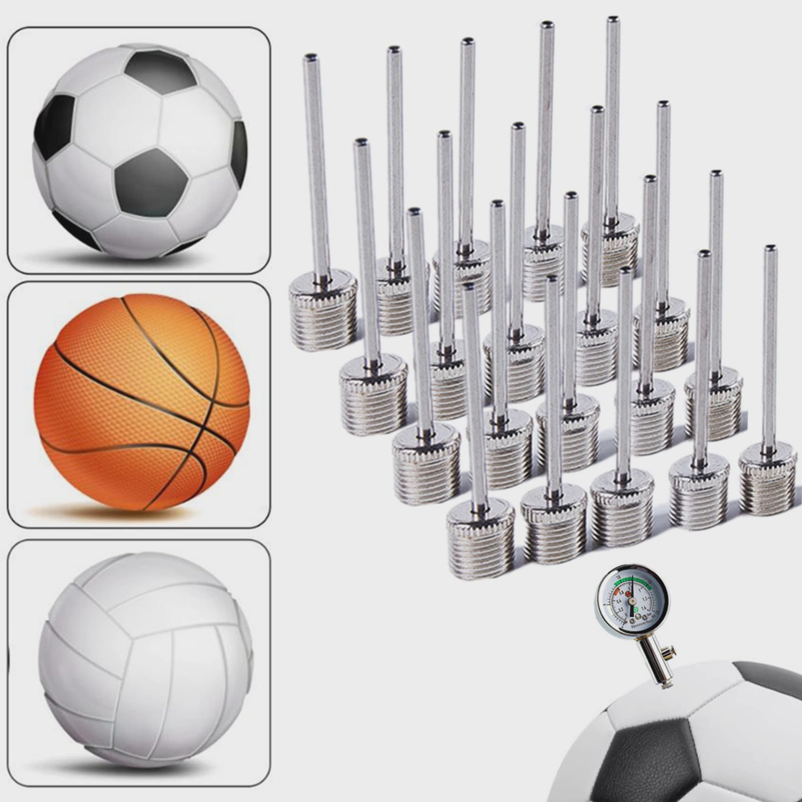 Miernik ciśnienia powietrza Ball Sport 1 szt. i igła do pompki do piłek, 20 sztuk – przenośne urządzenie do pomiaru ciśnienia powietrza z igłą do wszystkich zaworów kulowych sportowych