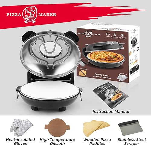 Miniatura 4 de KLAIF Horno eléctrico de pizza de 12 pulgadas con piedra de cerámica, controles de temperatura ajustables duales, incluye 4 herramientas para pizza,
