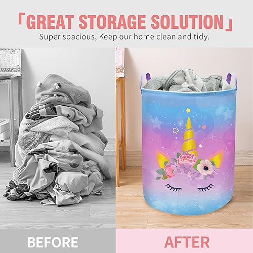 Miniatura 5 de Cesta de lavandería de unicornio, cesta de almacenamiento redonda de gran tamaño, impermeable, plegable, para organizador de habitación de niñas,
