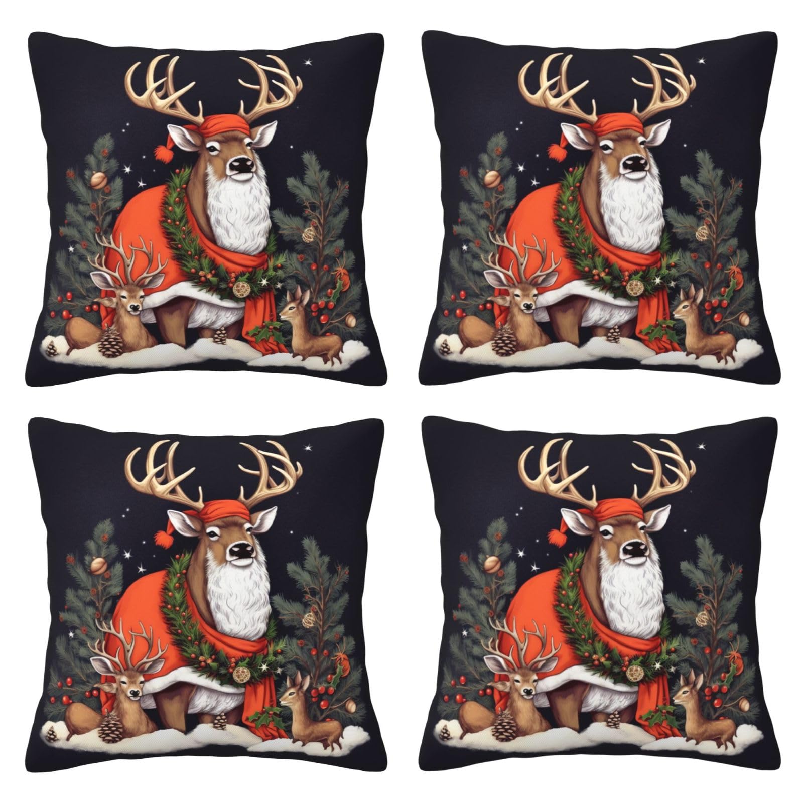 Christmas Deer Throw Pillow Cases 4 Pack Square Pillowcases Super Soft Pillow Protectors With Zipper for Couch Livingroom Sofa Bed Office Car,45x45 CM