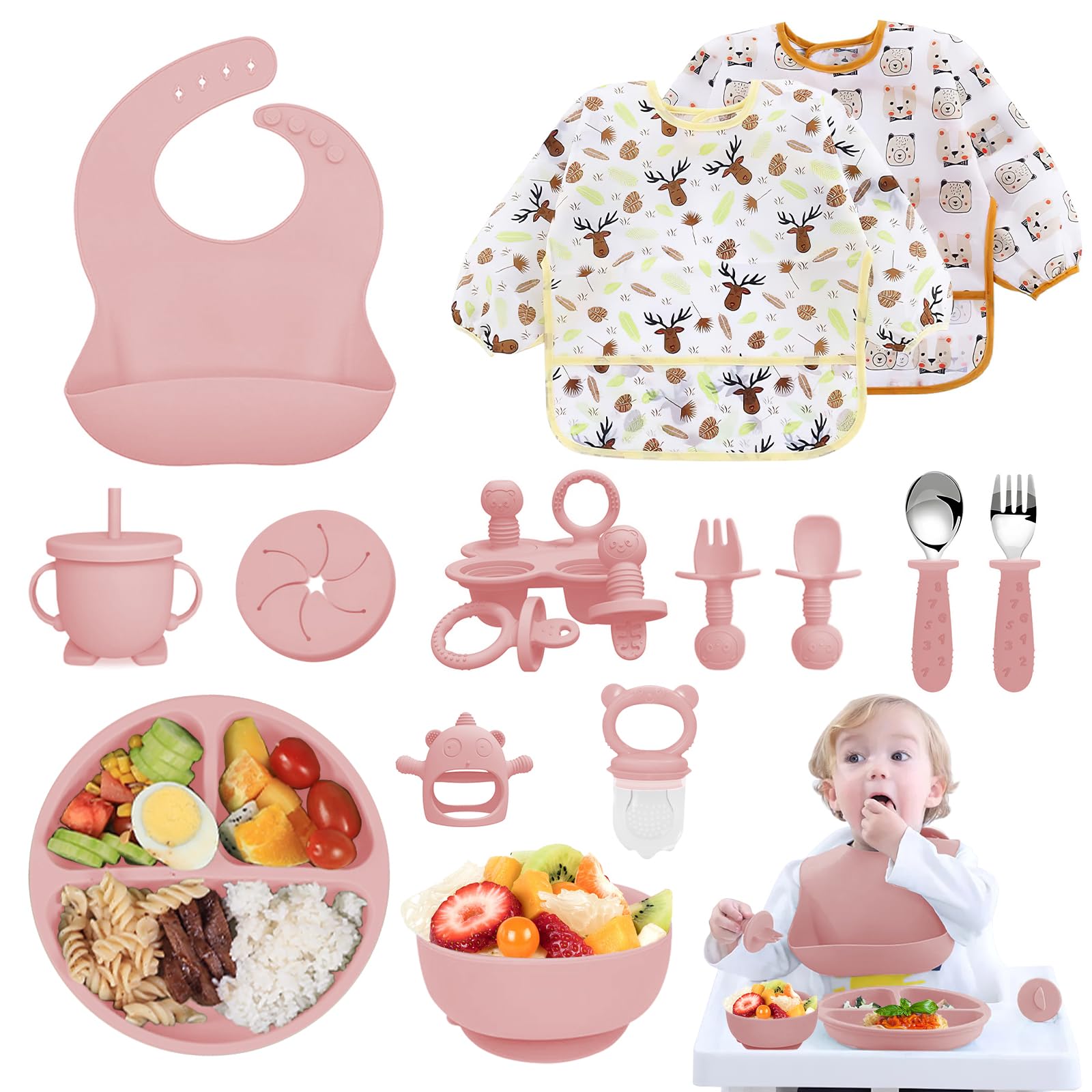 Coffret Repas Bebe 14 pièces, Vaisselle Antiderapant pour Bébé Set Silicone avec Ventouse Assiette Bol Fourche Cuillère Bavoir et Tasse, Enfant Set Couverts Vaisselle Pour Sevrage Manger (Rose clair)