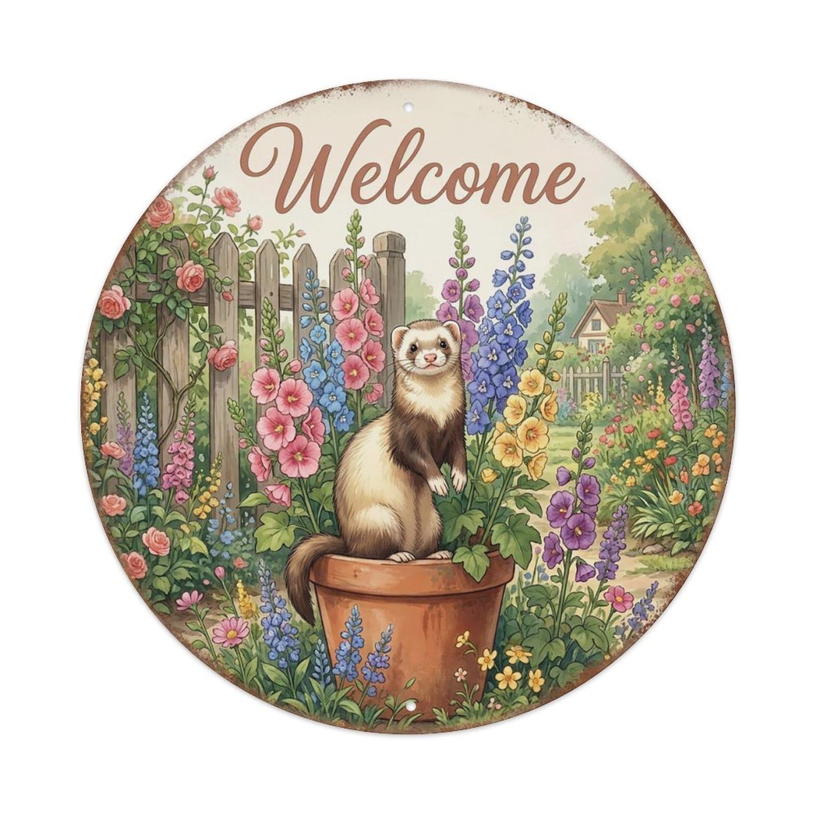 Welcome Ferret Hollyhocks Vintage Metal Tin Sign Plaque Wall Decor for Cafe, Club Bar, Office, Garden Metal Poster 8x8Inch