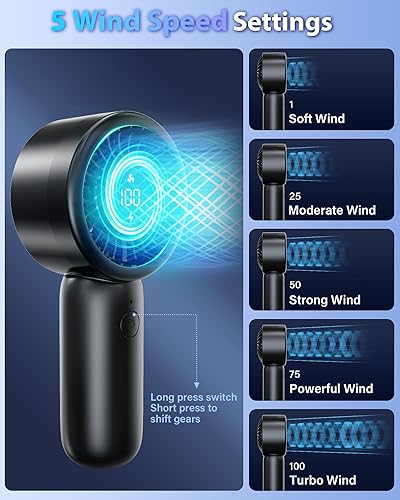 Miniatura 2 de Ventilador de mano portátil, pequeño ventilador de mano turbo personal, potente, refrescante, cordón, recargable por USB, 5 velocidades, maquillaje,