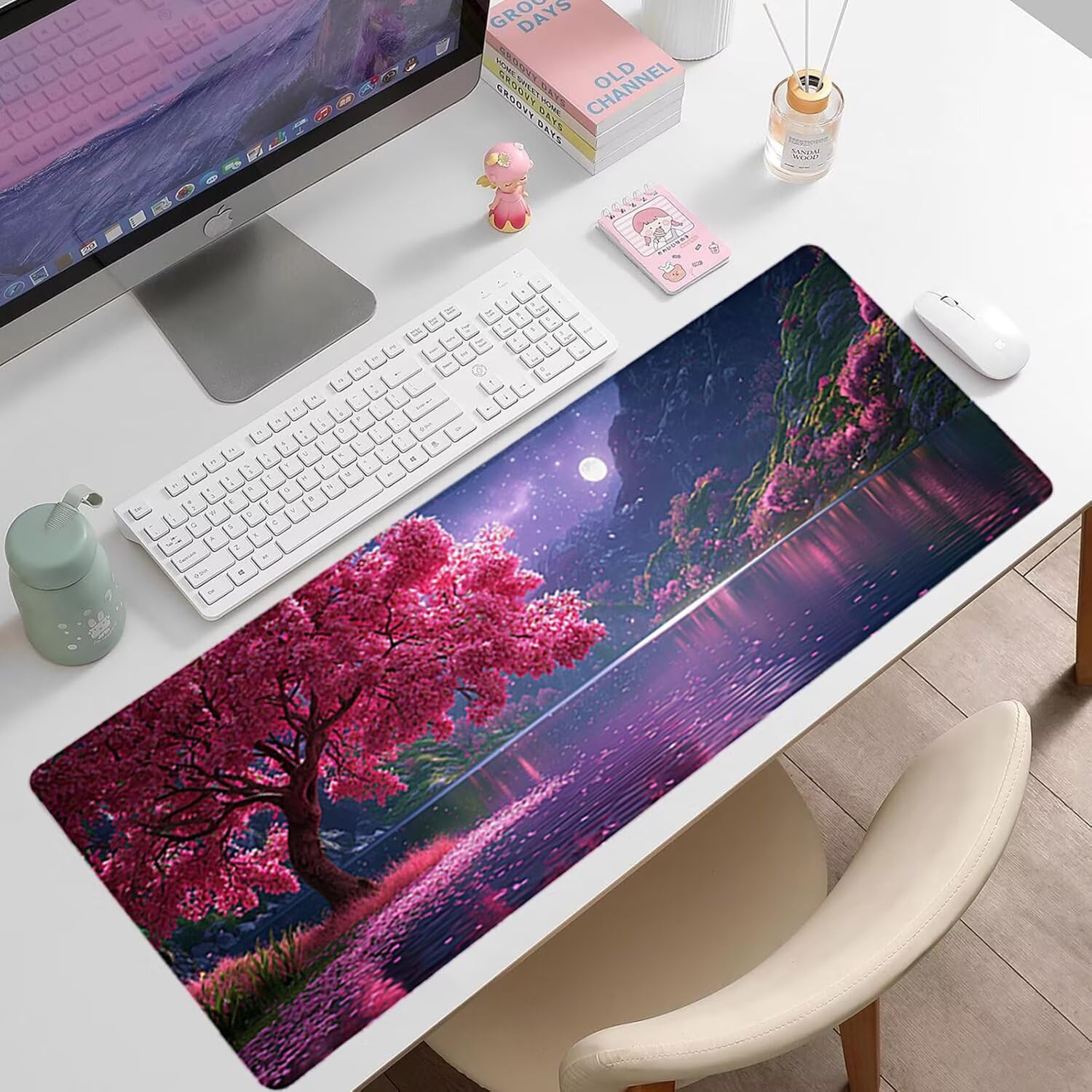 Podkładka pod mysz do gier XXL - 1400x600x3mm - Kwiaty wiśni duża antypoślizgowa podkładka pod klawiaturę biurową z przeszytymi krawędziami, zimowa duża podkładka pod mysz do biura i domu, poprawia
