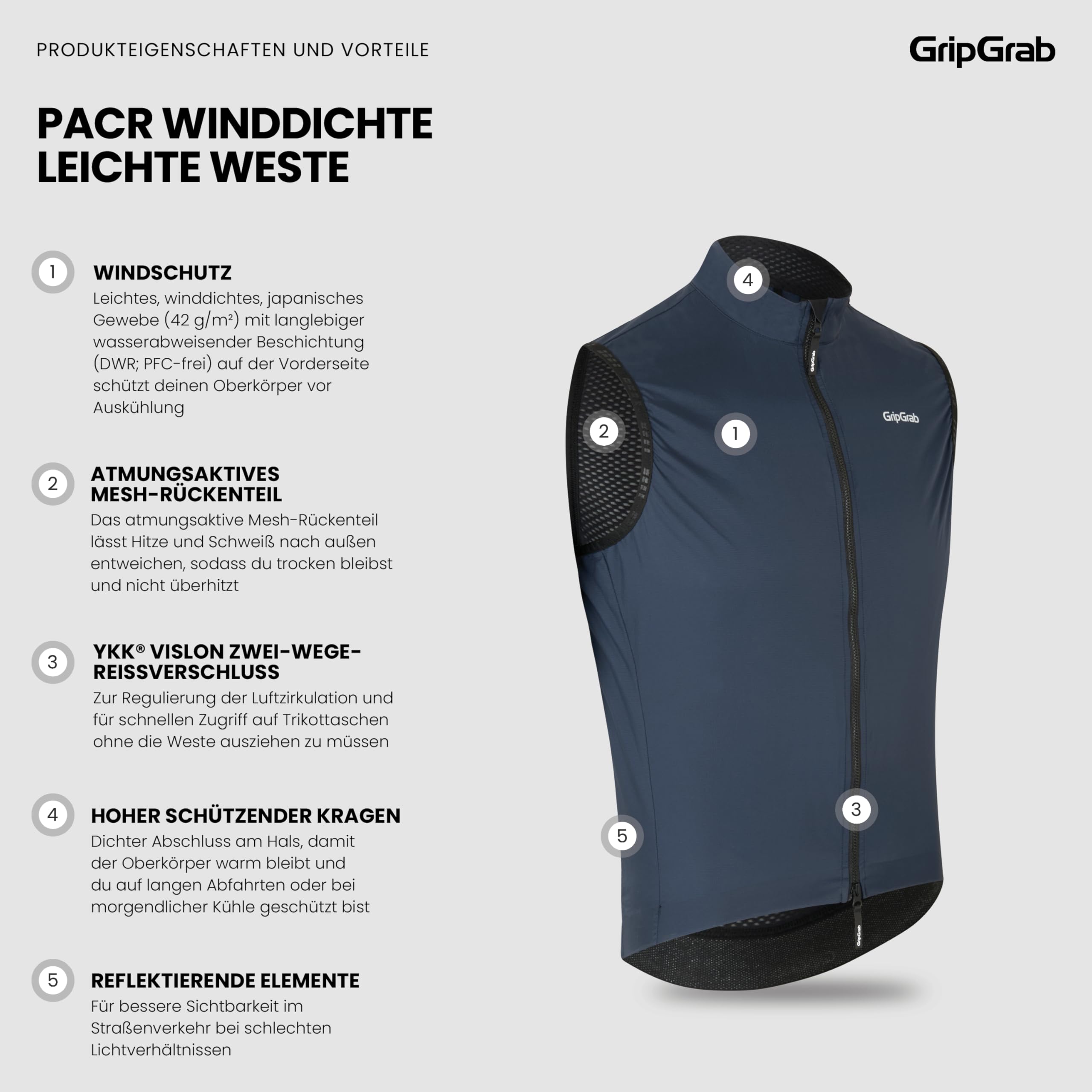 GripGrab PACR Wiatroszczelna, lekka kamizelka przeciwwiatrowa, do jazdy na rowerze, rower wyścigowy, MTB, grawitacja, 2-drożny zamek błyskawiczny