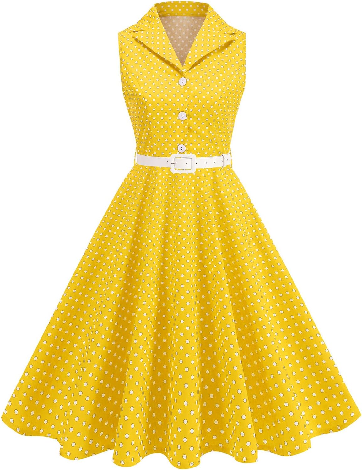 Women's 1950s Retro Polka Dot Vintage Dress Sleeveless Cocktail Prom Swing Midi Belt Dresses Notched Lapel