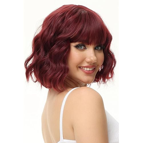 Rose bud Wavy Bob Wig with Bangs Natural Wine Red Wig Synthetic Hair Shoulder Length Short Curly Wigs for Women