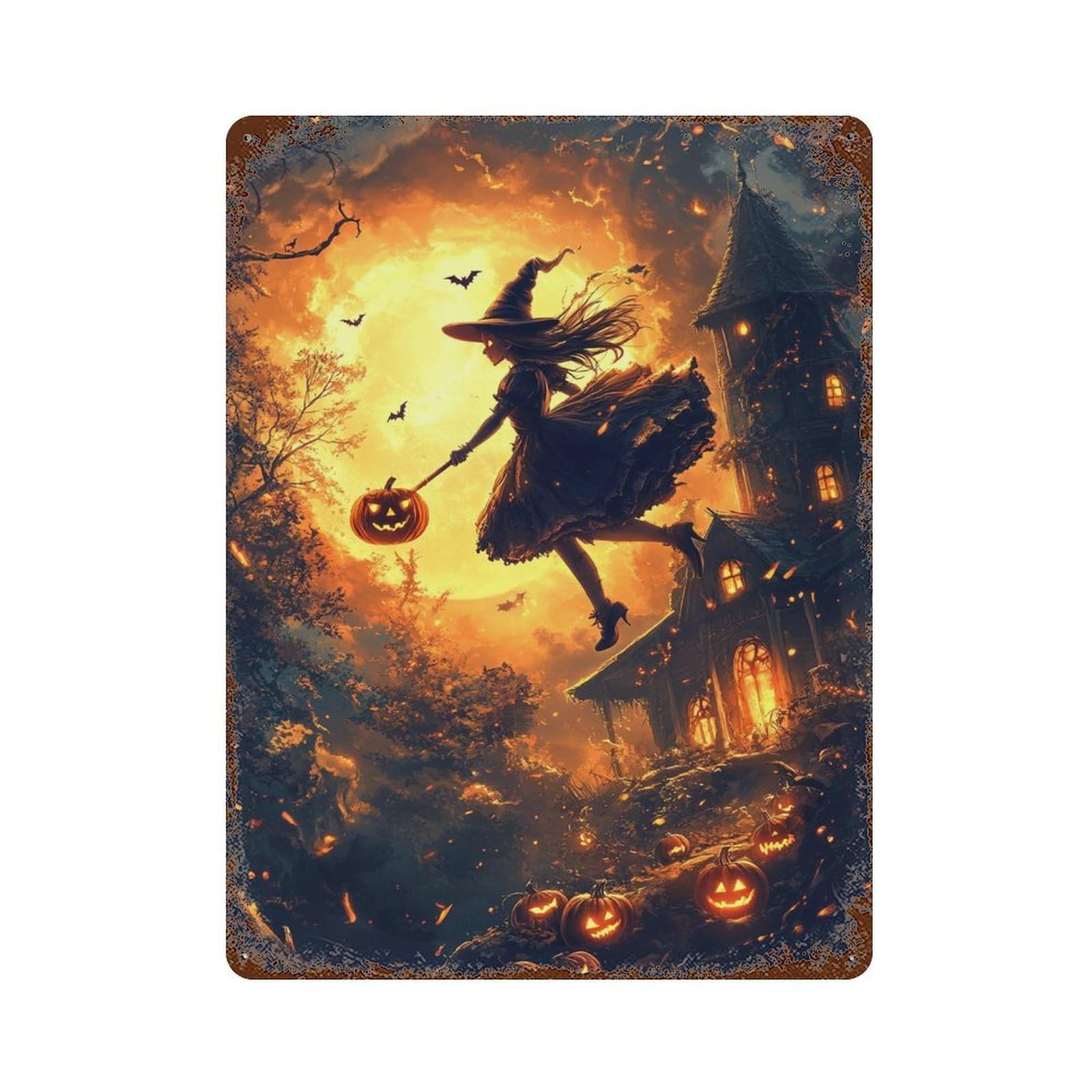 Rusty Metal Tin Sign with Halloween Witch Flying Broomstick -4 Design 15.7"x11.8", for Shed, Workshop And Garage Wall Decor, Classic Wall Plaque