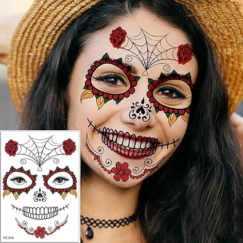 Miniatura 3 de Tatuajes temporales del Día de los Muertos, calcomanías de tatuajes de calavera, flores coloridas, cráneo de Halloween, tatuajes faciales para