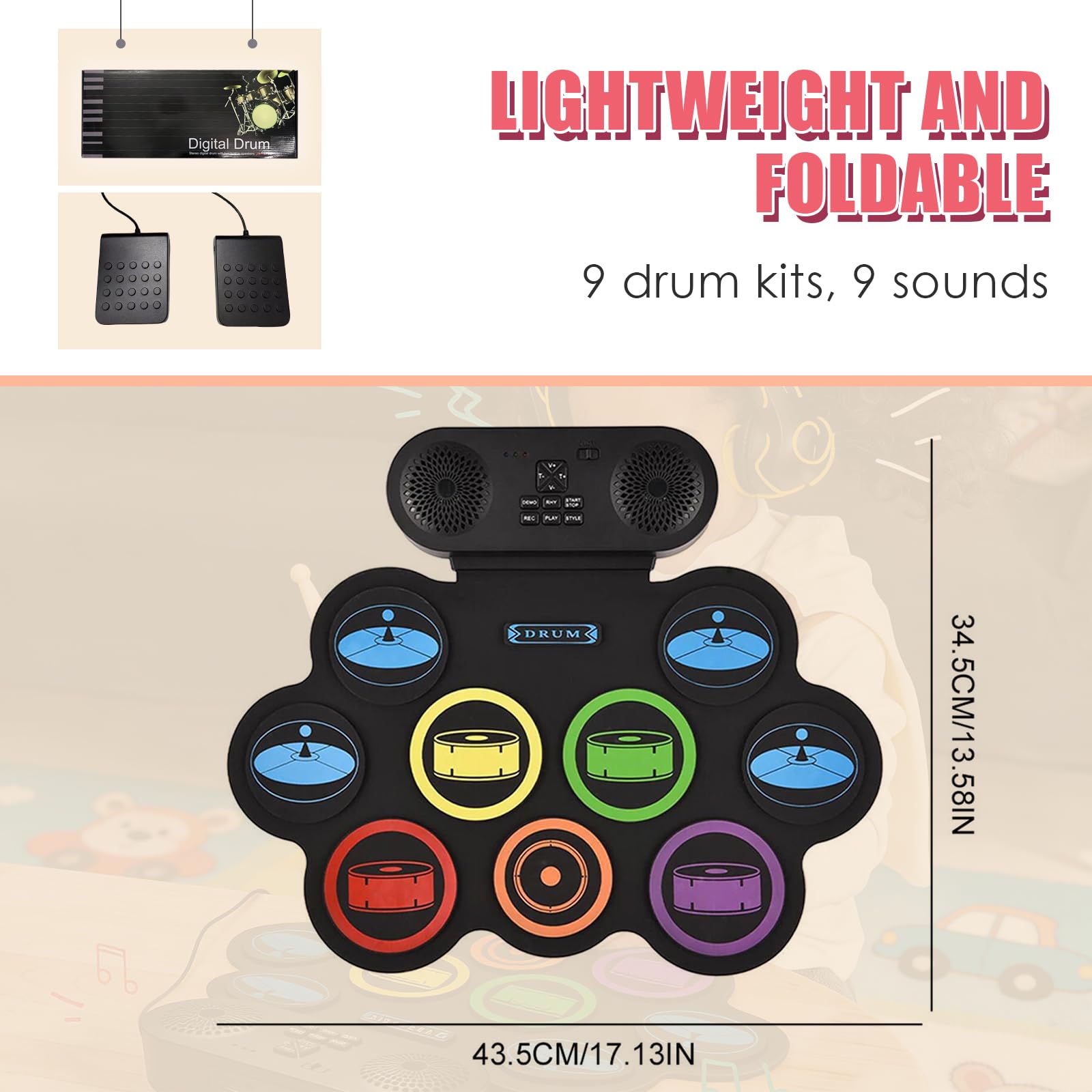 Batería electrónica plegable con 7 almohadillas, batería electrónica portátil con baquetas y altavoces dobles, ideal para niños y principiantes como regalo de cumpleaños o idea de regalo