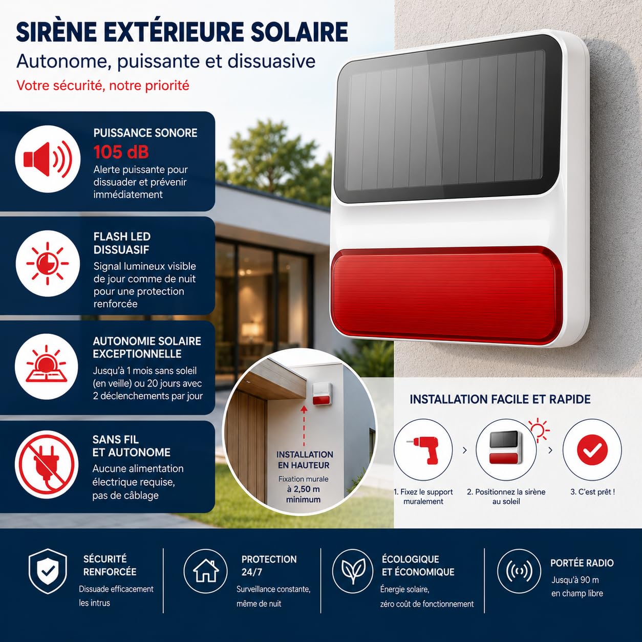 Daewoo WOS501S Bezprzewodowa Syrena Solarna Zewnętrzna do alarmów Daewoo z baterią zapasową | Moc dźwięku 100Db | Technologia 433 Mhz