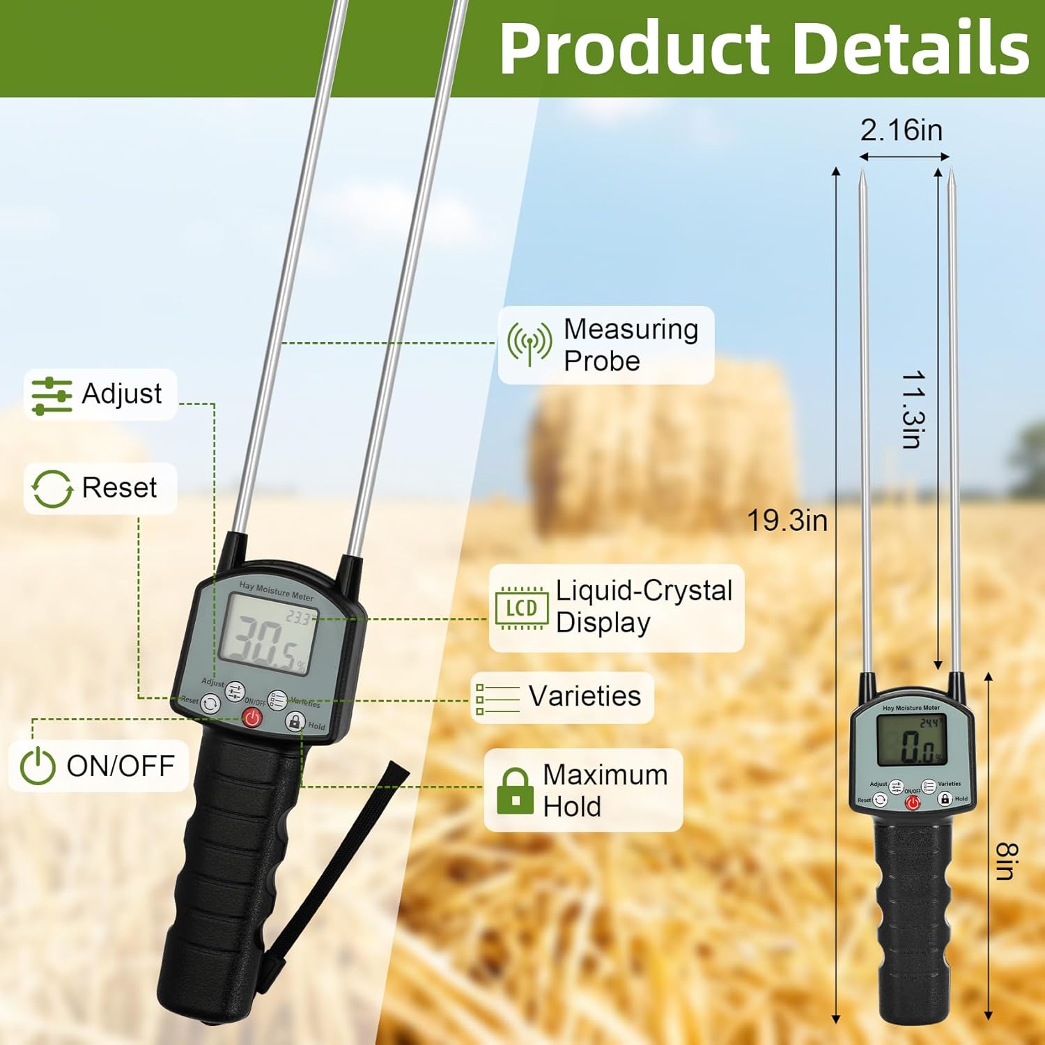 𝙐𝙥𝙜𝙧𝙖𝙙𝙚 TK100H Portable Hay Moisture Tester, Accurate Hay Moisture Meter, Hay Moisture Tester Probe with Backlit Large Screen, Hay Tester Probe for Froage, Alfalfa Orchard Grass, Bales