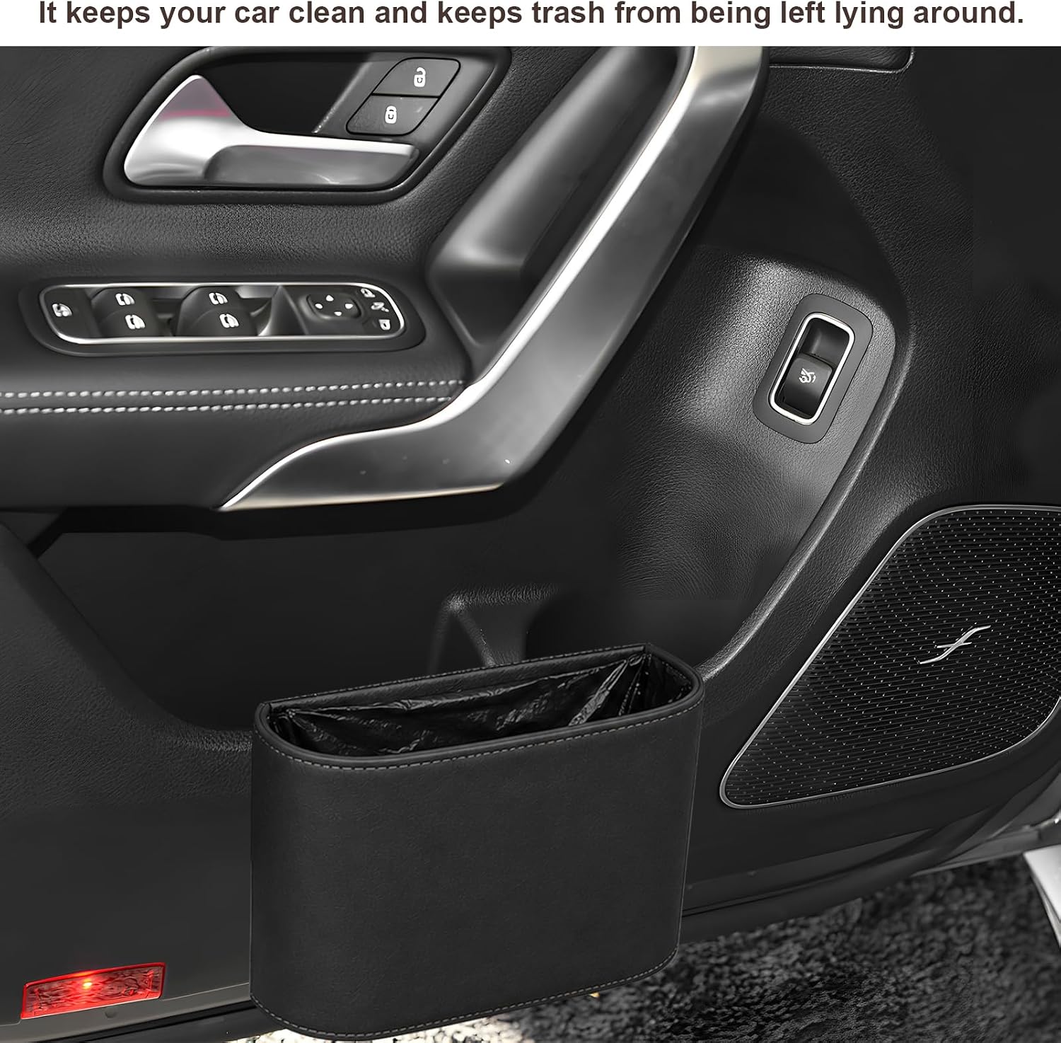 Leather Car Trash Can, Leather Auto Door Side Garbage Container with Four Rolls Trash Bags, Multifunctional Garbage Bin Door Hanging Waste Organizer for Cars Trucks SUVs (Black) image 3