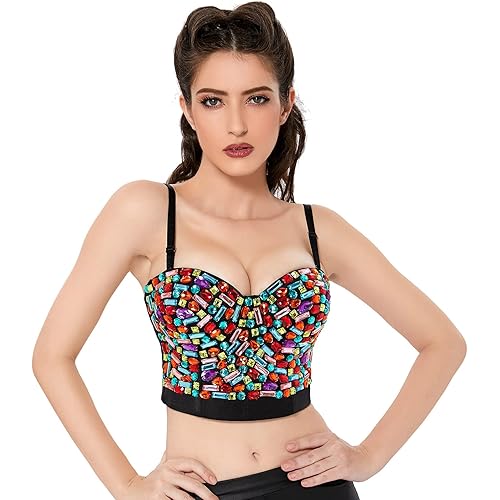 Charmian Women's Colorful Rhinestone Push Up Bra Clubwear Party Bustier Crop Top