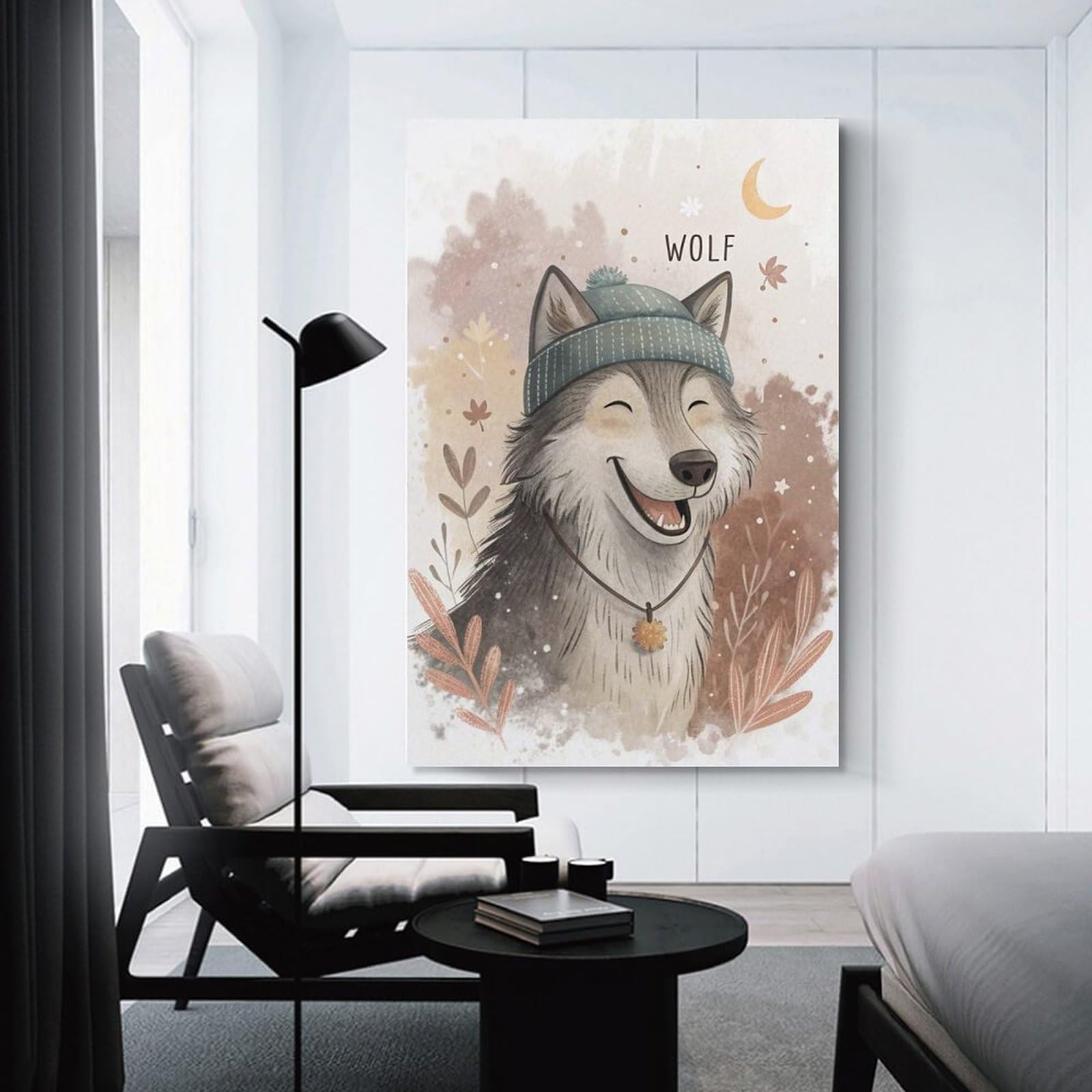 Junmoney Cute Wolf Wearing A Beanie Canvas Wall Decor 24x36inch(60x90cm), for Corridors, Hallways Or Apartment Entries, A Stylish Accent for Home Entrances