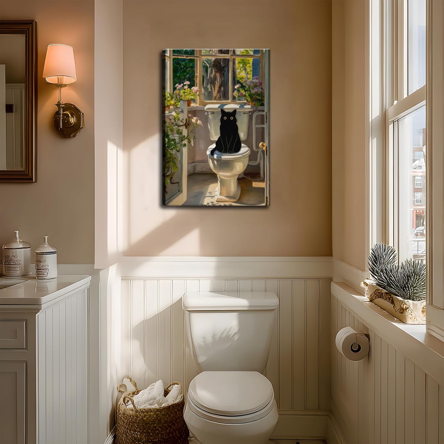 Funny Black Cat Bathroom Canvas Wall Art Humorous Black Cat Painting Funny Animal Bathroom Poster Prints Cat Sitting on Toilet Picture Artwork Wall Decor for Restroom Washroom 16X24in Framed