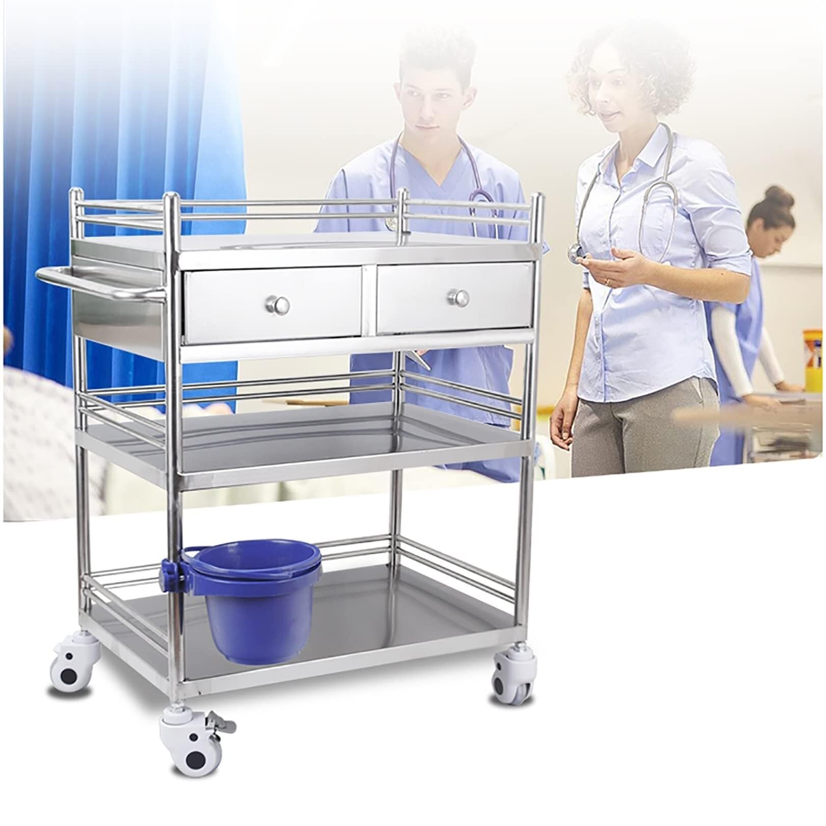 Carrello da laboratorio in acciaio inox con 2 cassetti, a due piani, carico massimo 80 kg, per attrezzature e strumenti