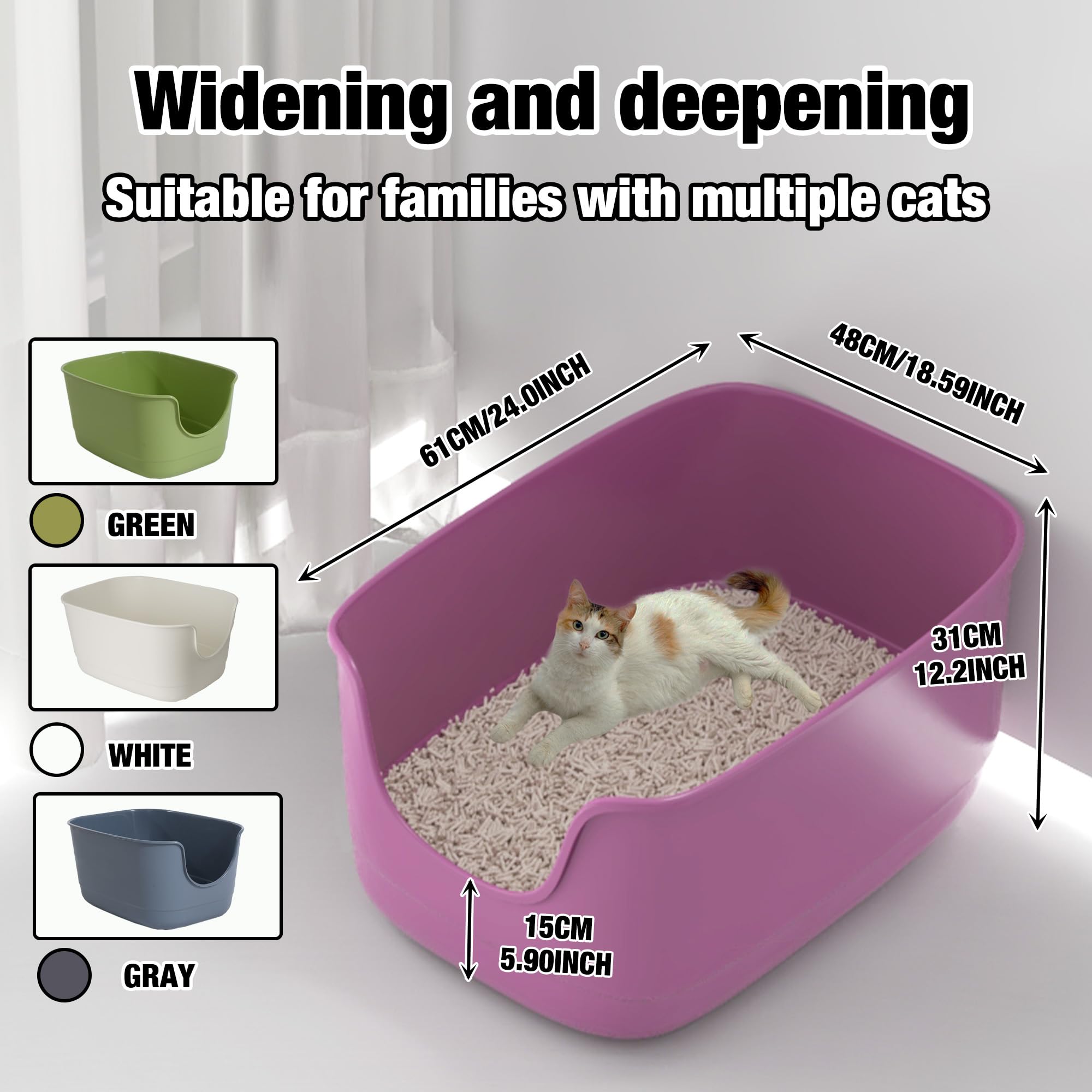 Suhaco Bac à Litière Haut pour Chat Anti-éclaboussures Grande Litière Ouverte 61 x 48 x 31 cm pour Petits Chats Bac à Litière à Entrée Basse (Violet XL)