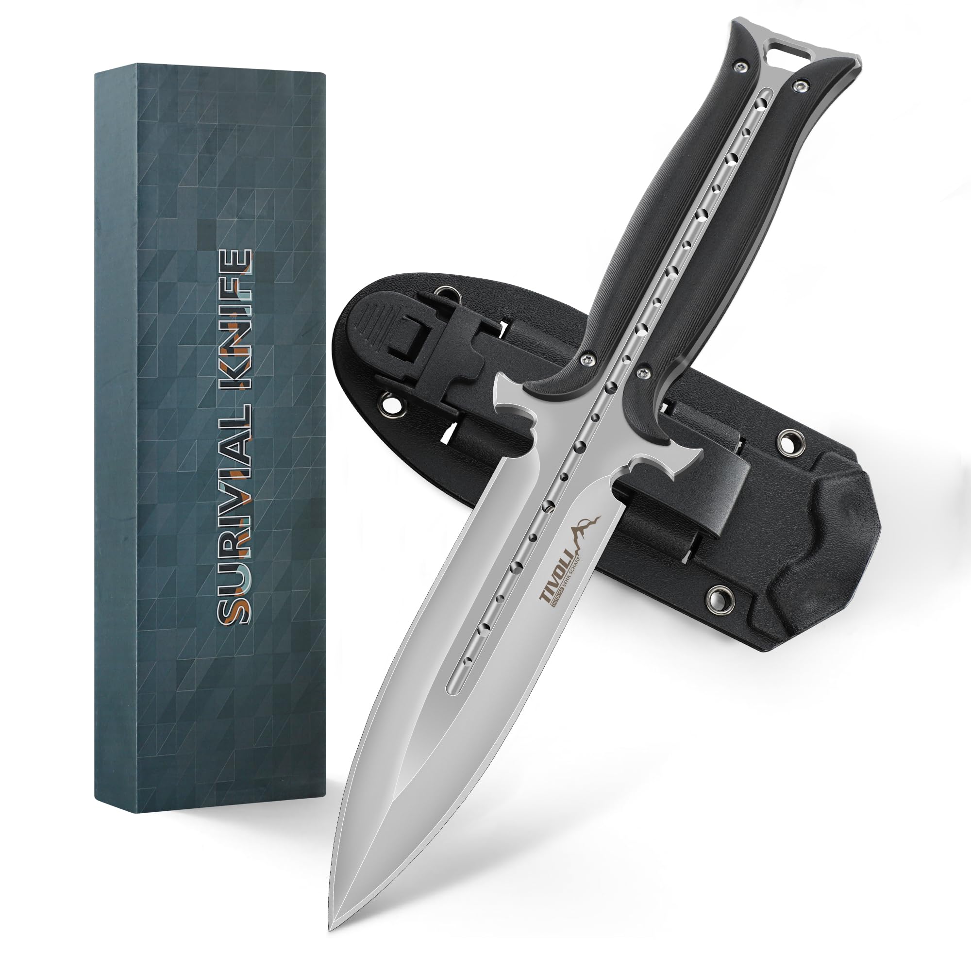 TIVOLI Outdoor Messer Feststehendes Klingen, Full Tang Jagdmesser mit Kydex-Hülle, Gürtelmesser mit Multifunktionswerkzeug, Geeignet für Camping, Dschungel-Exploration, Wandern in Schwarz