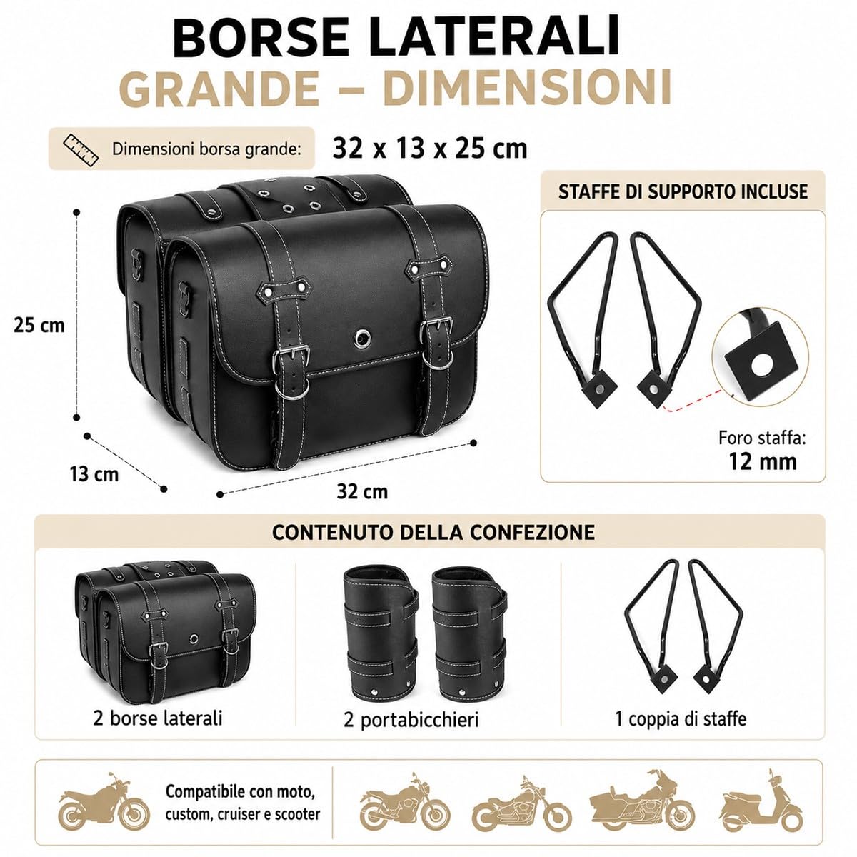 Borse Laterali Moto Grandi Coppia 32 x 13 x 25 cm, Borse Moto in Pelle PU con Portabicchieri E Staffe Metalliche, Borse Laterali Universali per Cruiser Scooter E Bike