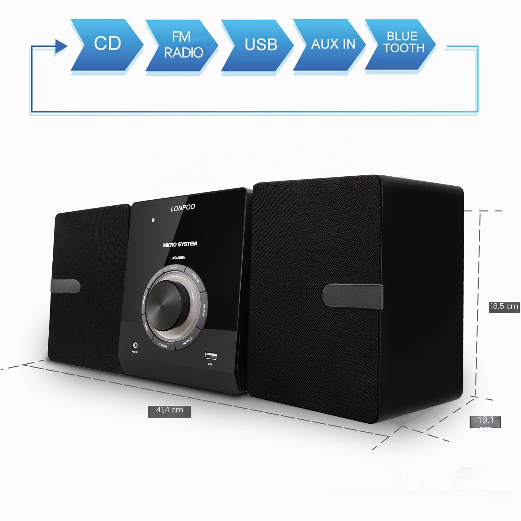 Sistema estéreo para casa Micro HiFi Compacto con Reproductor de CD, Bluetooth, Radio FM, USB, AUX-in, Pantalla LED y botón Grande, Mando a Distancia
