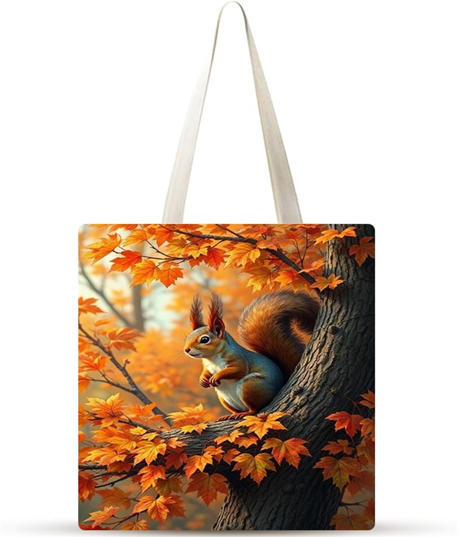 Scoiattolo dell'acero autunnale Borsa Tela,Tote Bag Tela,Borse per la Shopper Lavabili,Senza cerniera Borsa Tela,Canvas Tote Bag da Donna Regali per Shopping,Scuola,Viaggi,Spiaggia