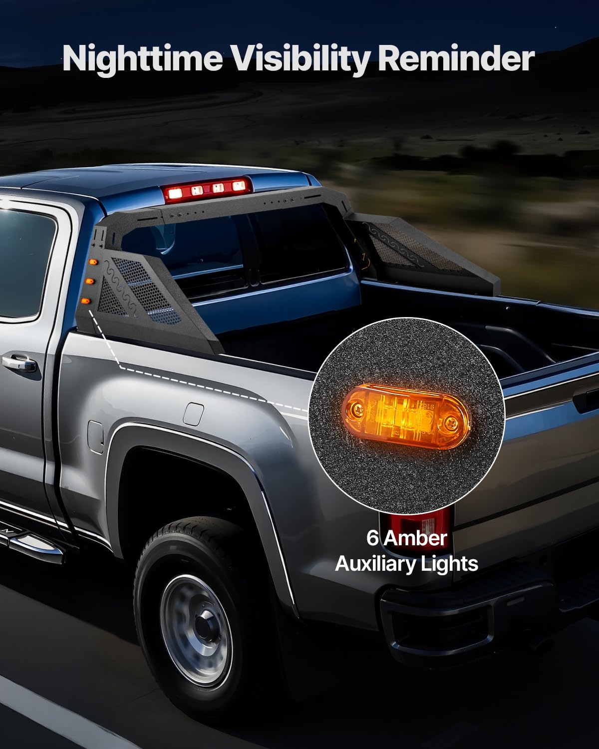 VEVOR Überrollbügel aus Karbonstahl Chase Rack für die Ladefläche, universeller Pickup Sport-Überrollbügel mit 6 bernsteinfarbenen Zusatzscheinwerfern für Pickups in Voller Größe (kein Träger)