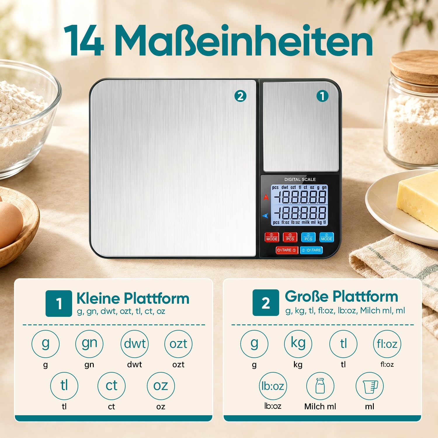 Wigearss Küchenwaage Digital mit Dual Plattform 10kg/1g und 500g/0.01g, Doppelfunktion Küchen Feinwaage mit 7 Einheiten, Zähl, Tara Funktion