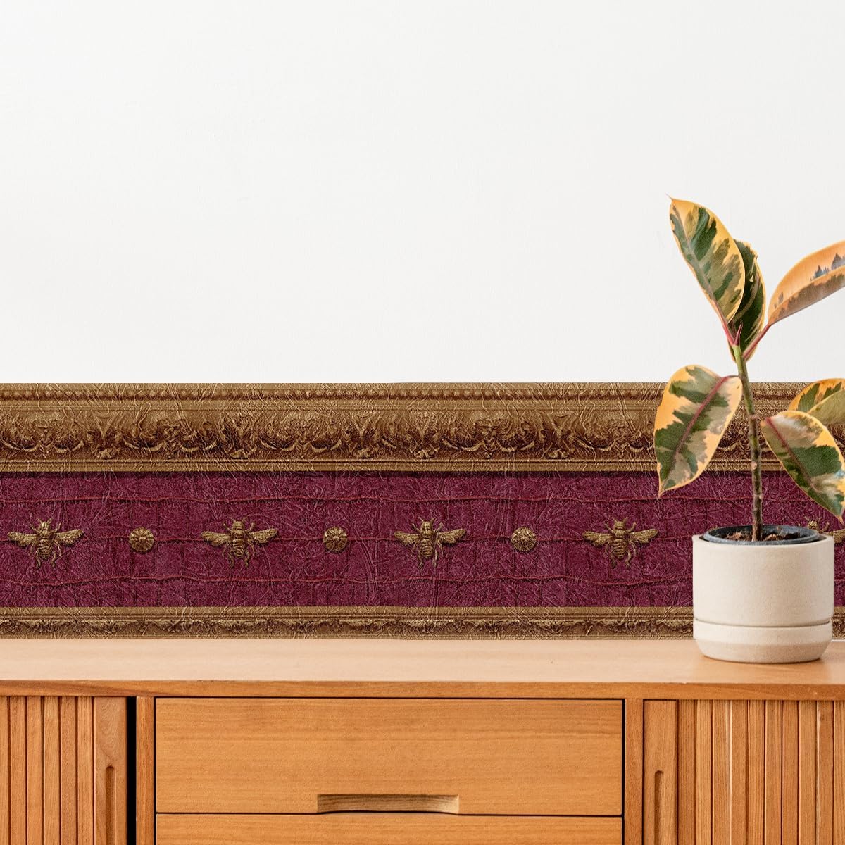 TRIMZ Victorian Napoleonic Bee Wallpaper Border, Gold Medallion on Burgundy Leather Look with Brown Accents, Vintage Style, Dining Room Wall Décor, Pre-Pasted, 15 ft x 6.9 in