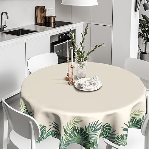 Miniatura 2 de Mantel redondo de hojas de eucalipto verde con hojas de palmera, para cocina, comedor, decoración de mesa, fiestas, bodas (60 x 60 pulgadas)