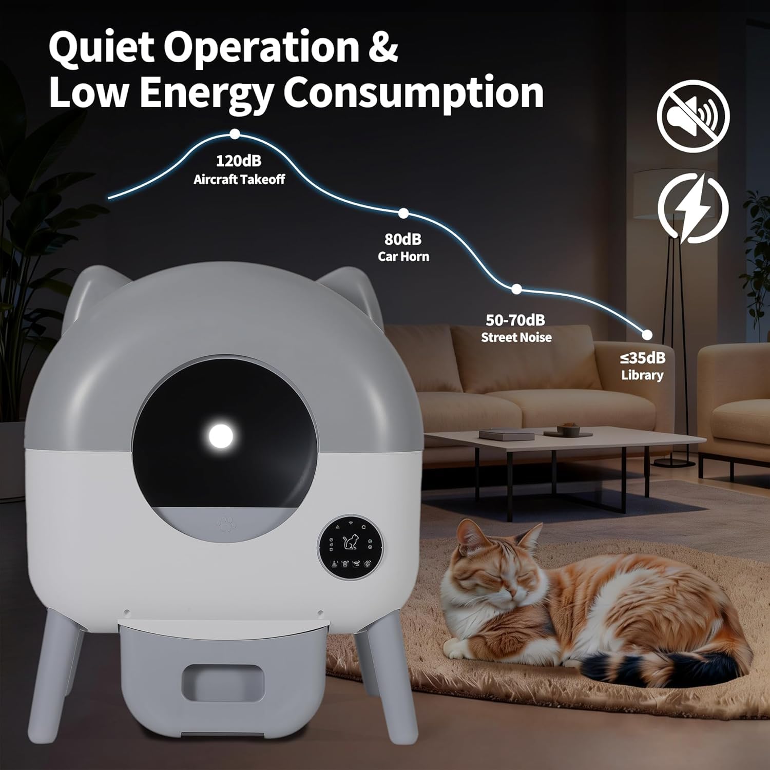 Arenero Autolimpiable para Gatos 66L, Caja De Arena Automática Inteligente con Control por App, Sensores De Seguridad Anti-Atrapamiento, 6 Luces Ambientales Ajustables, Bajo Ruido