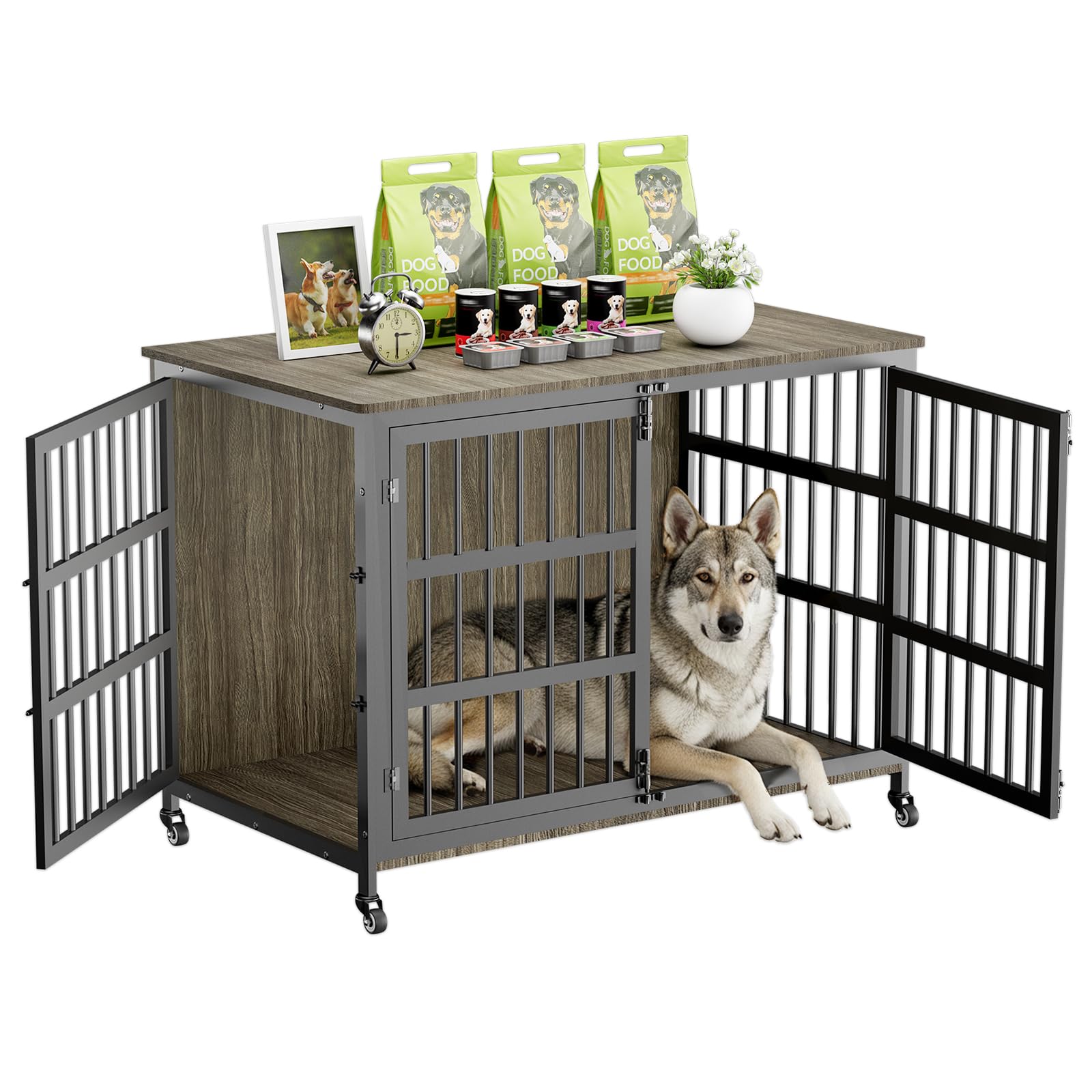 Photo 1 of 46" Dog Crate Furniture with Wheels, XXL Heavy Duty Dog Kennel Indoor for XL Dogs, Metal Chew-Proof Dog Cage, 45.7" L x 27.6" W x 31.5" H, Decorate House as TV Stand, End Table — Grey
