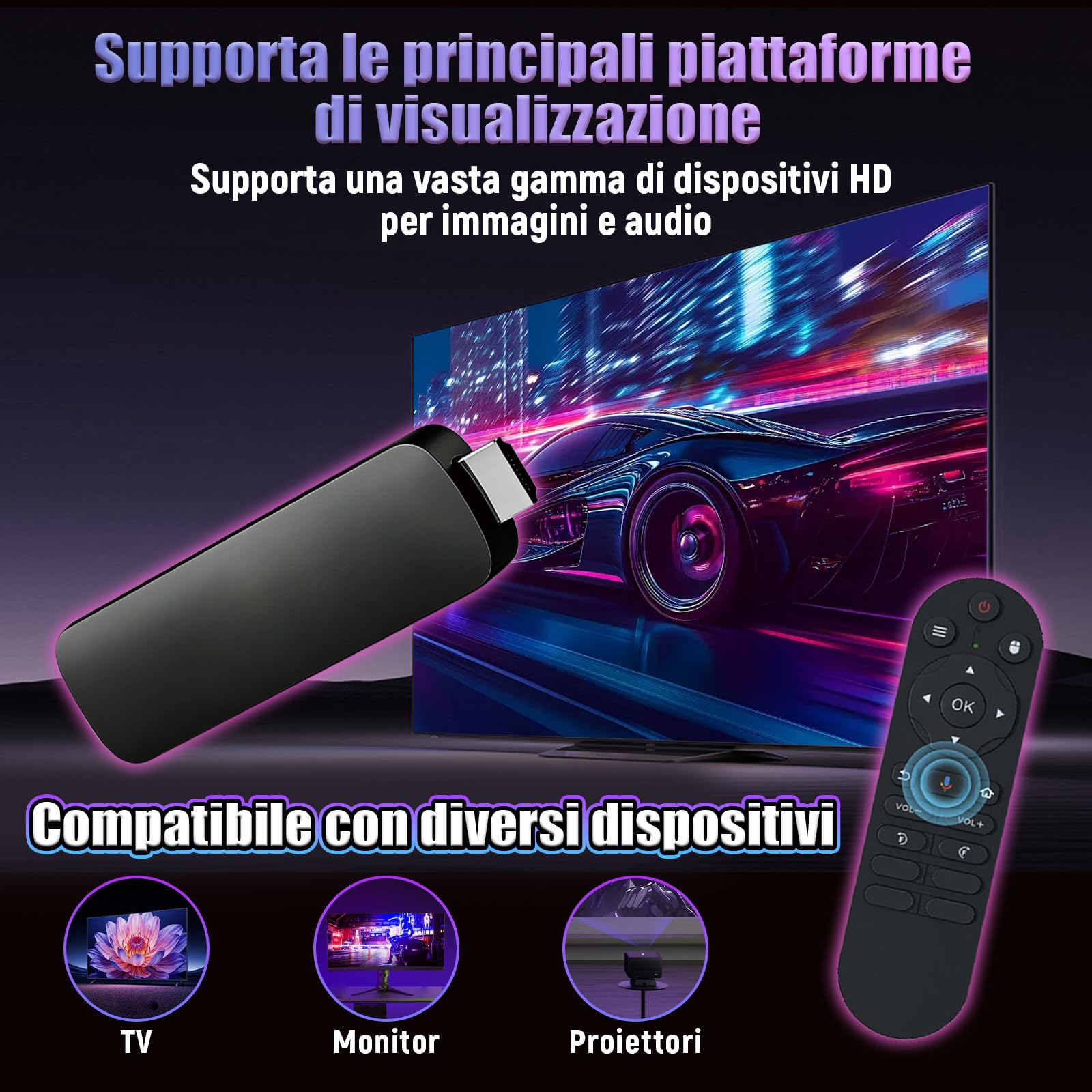 R6 Max Android 16 TV Stick, Smart TV Stick 4K HD, Processore H313 Quad-core, Wi-Fi Dual Band 2,4 GHz e 5 GHz, Telecomando Vocale Bluetooth, Lettore Multimediale Compatto per Home Teater e Viaggi