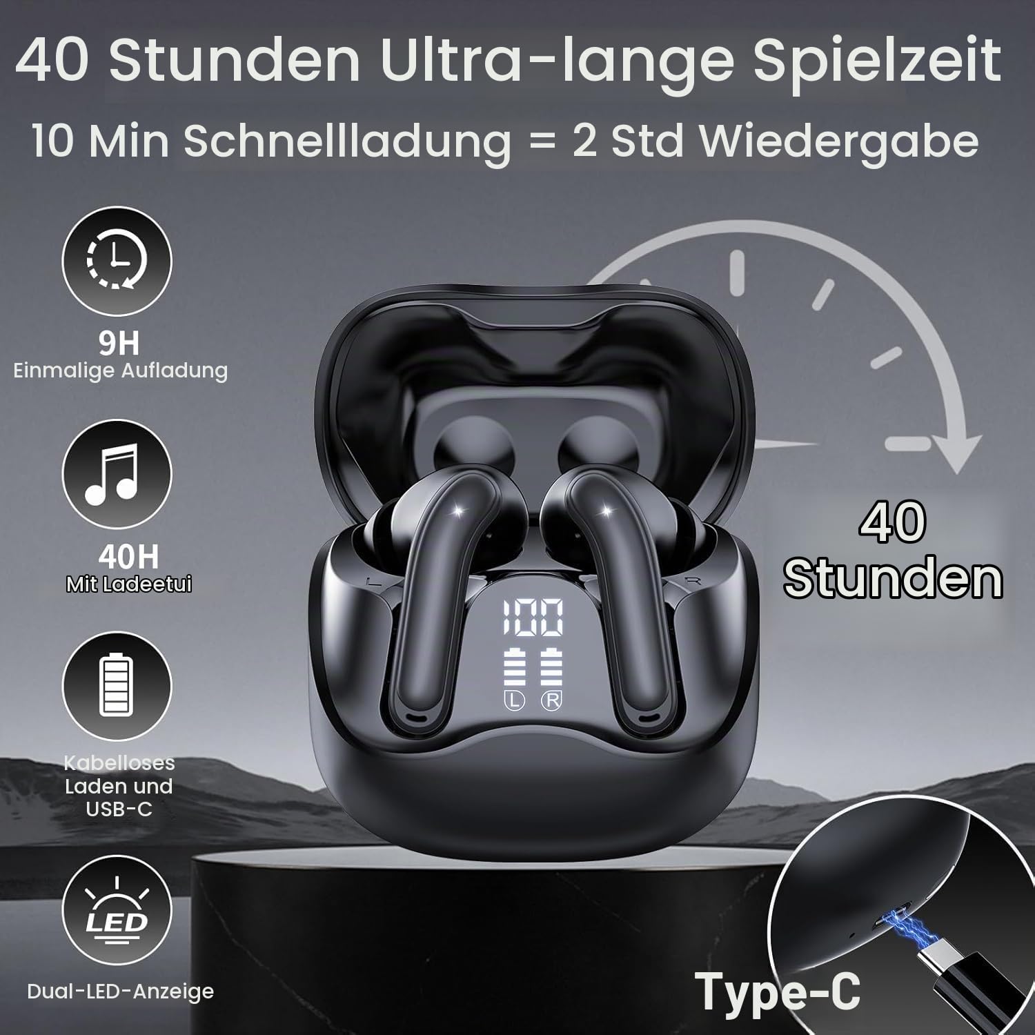 Bluetooth Kopfhörer mit Hybride Aktive Geräuschunterdrückung, In Ear Kopfhörer Kabellos Bluetooth 5.4, 6Mic, 49Std. Wiedergabe, kraftvoller Bass, 8 EQ-Modi, APP-Steuerung, kabelloses Laden, Multipoint