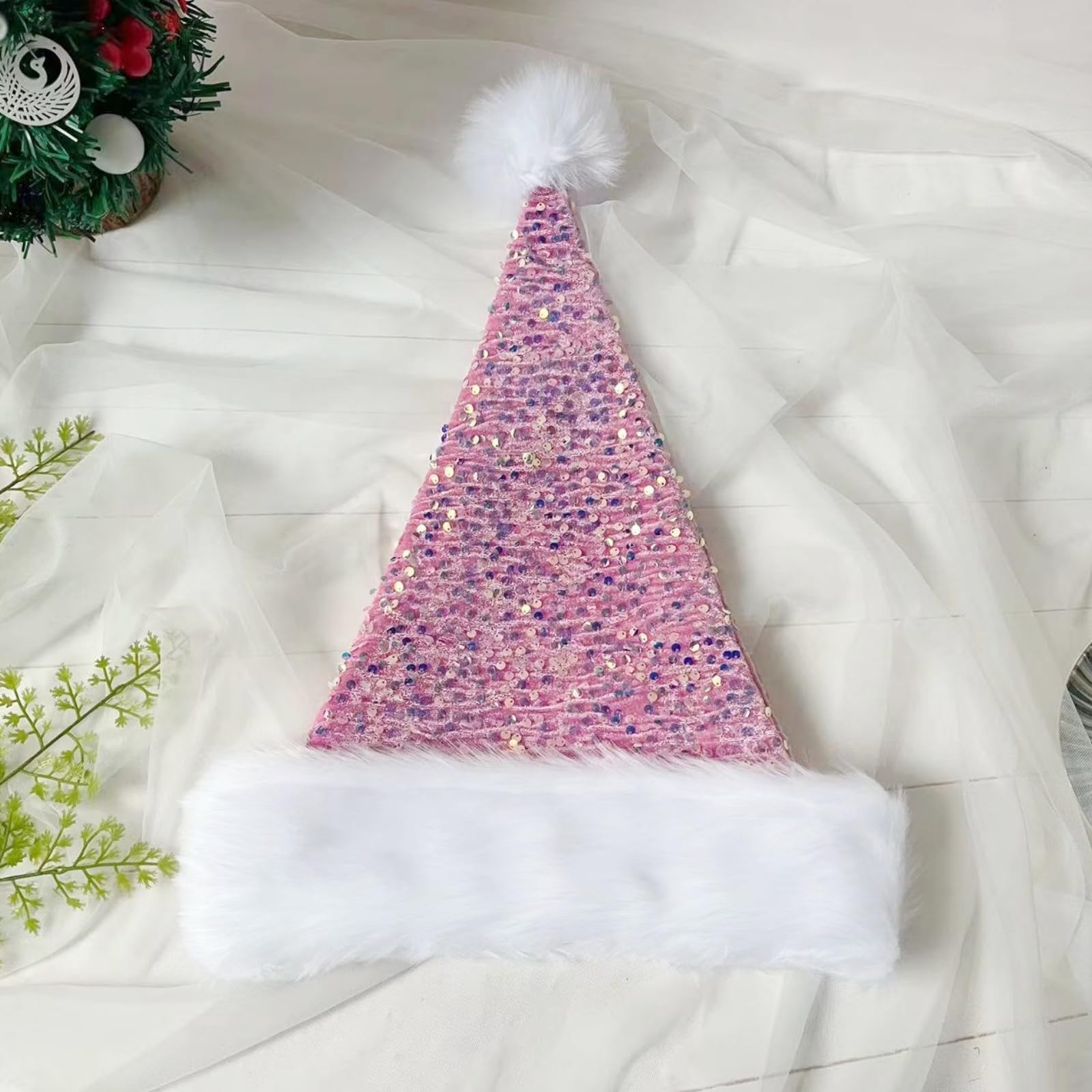 Pink Santa Hat Christmas Hats for Kids and Adults,Shiny Sequin Xmas Hat Unisex Classic Velvet Xmas Holiday Hat,Thicken Luxury Plush Santa Hats Santa Claus Hats for Christmas New Year Party Supplies