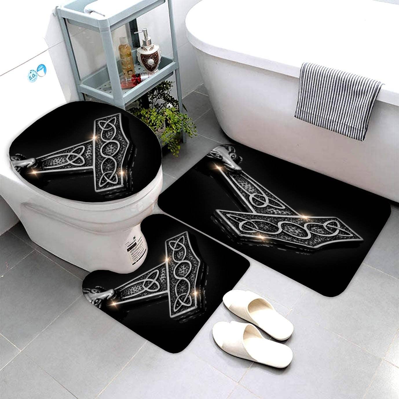 Genérico Alfombra de baño, alfombras de baño Negras escandinavas, Alfombra de baño de Lujo de Microfibra, Juego de alfombras absorbentes, Alfombrillas de baño vikingas Vintage, Alfombrilla de pedesta