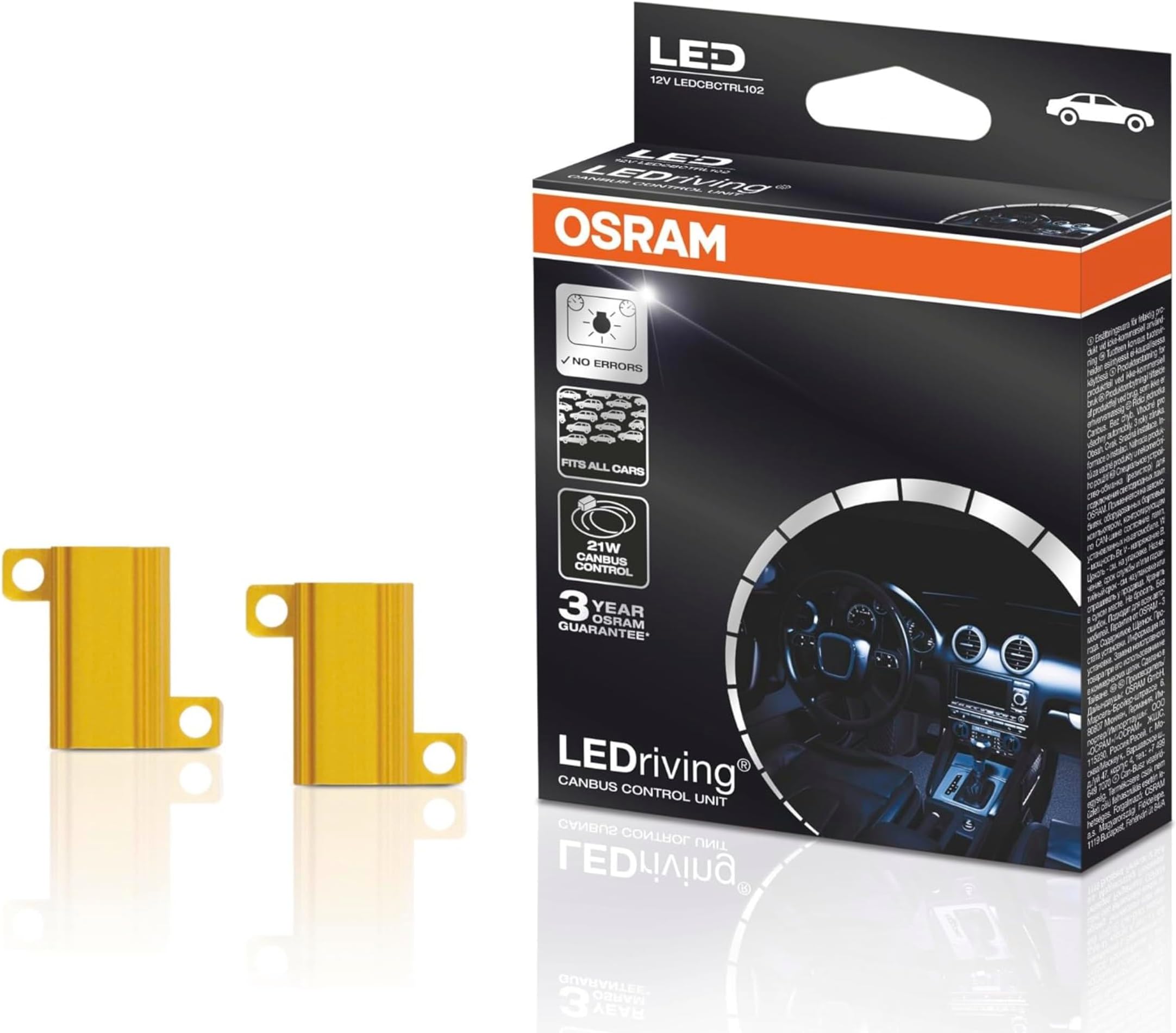 OSRAM LEDriving Canbus Control Unit, LEDCBCTRL102, 21 W, Avoid Error Messages in the Board Computer when Using LED Fog Lights, Folding Carton Box (2 Pieces), Gold