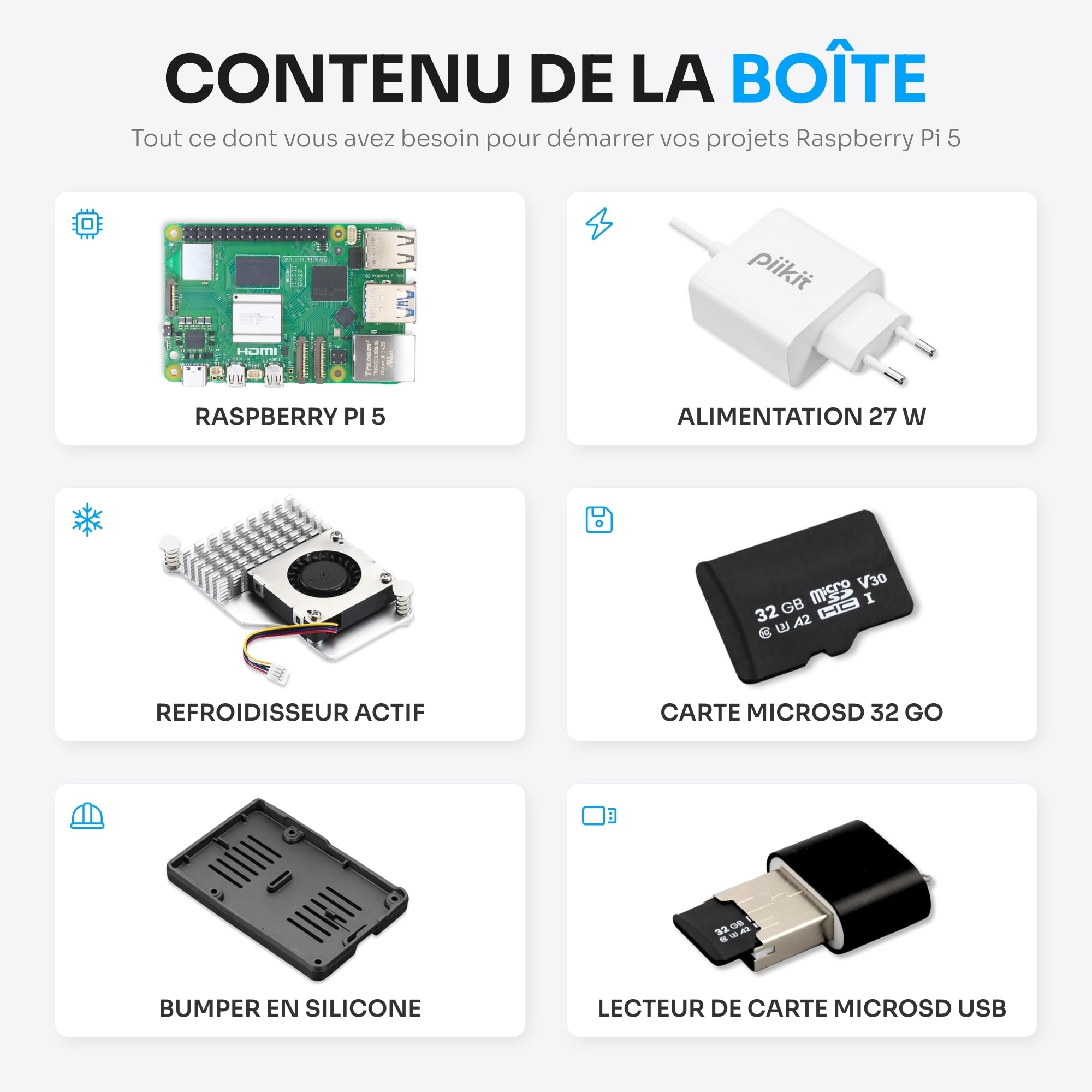 Starter Kit pour Raspberry Pi 5 2 Go - Édition Serveur | Carte MicroSD 32 Go | Alimentation 27 W | Active Cooler | Bumper en Silicone