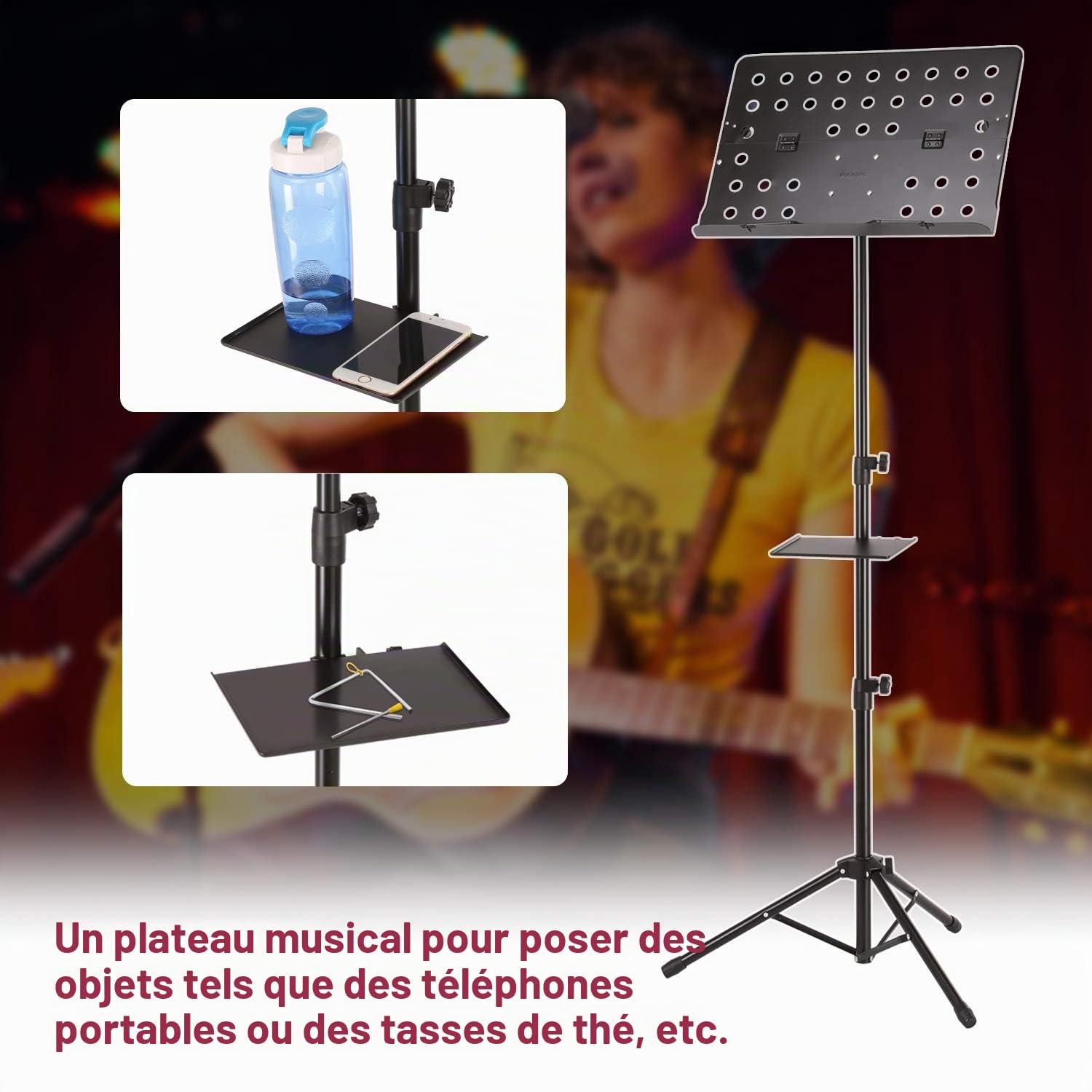 Pupitre de musique réglable et pliable en métal avec sac de transport, plateau à musique et support pour partitions de musique pour performance instrumentale