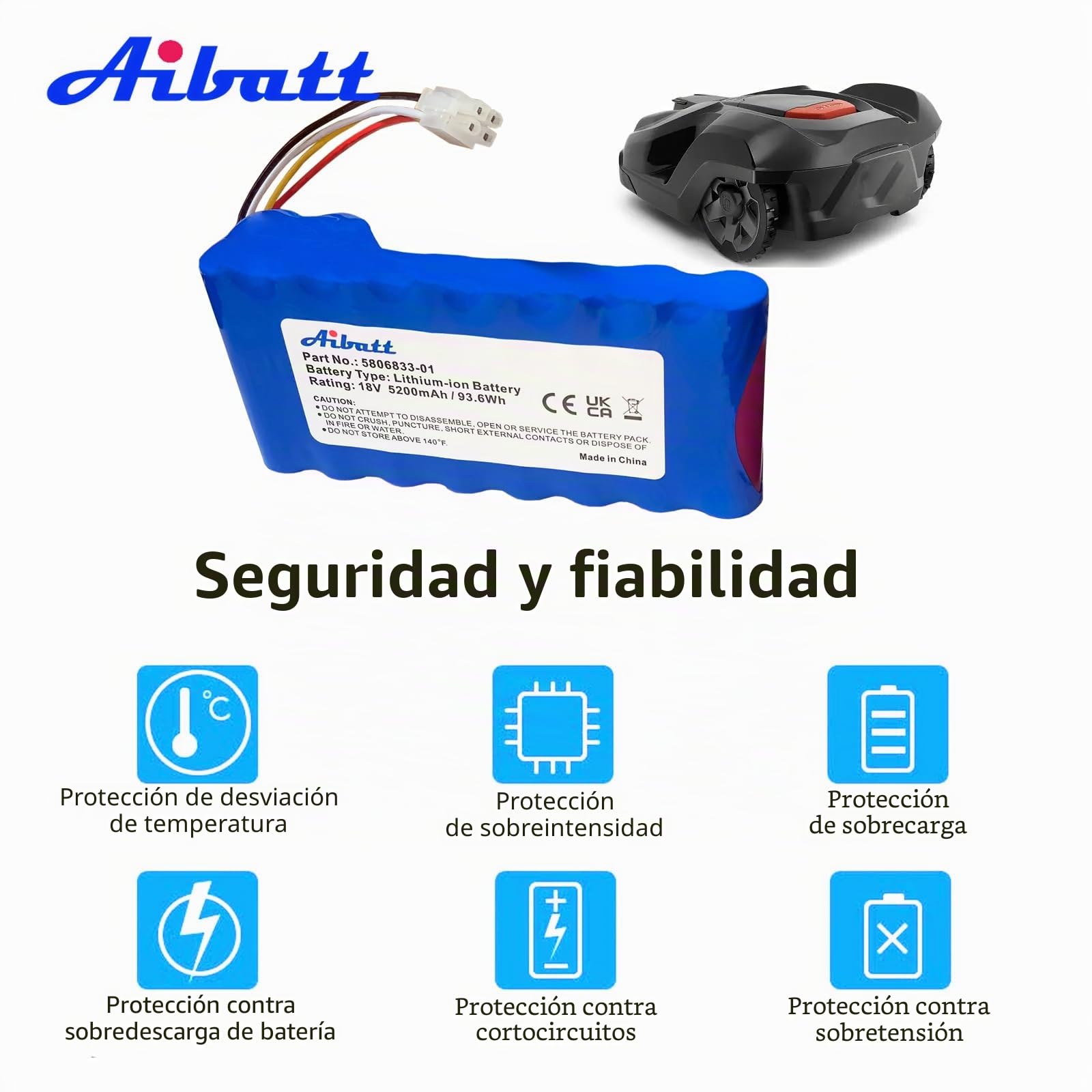 5200mAh Batería de Repuesto para Husqvarna Automower 320, 330X, 420, 430, 430X, 440, 450X, 520, 550 Robot cortacésped, Repuesto para batería 580 68 33-01,580 68 33-02(18V/93.6Wh)