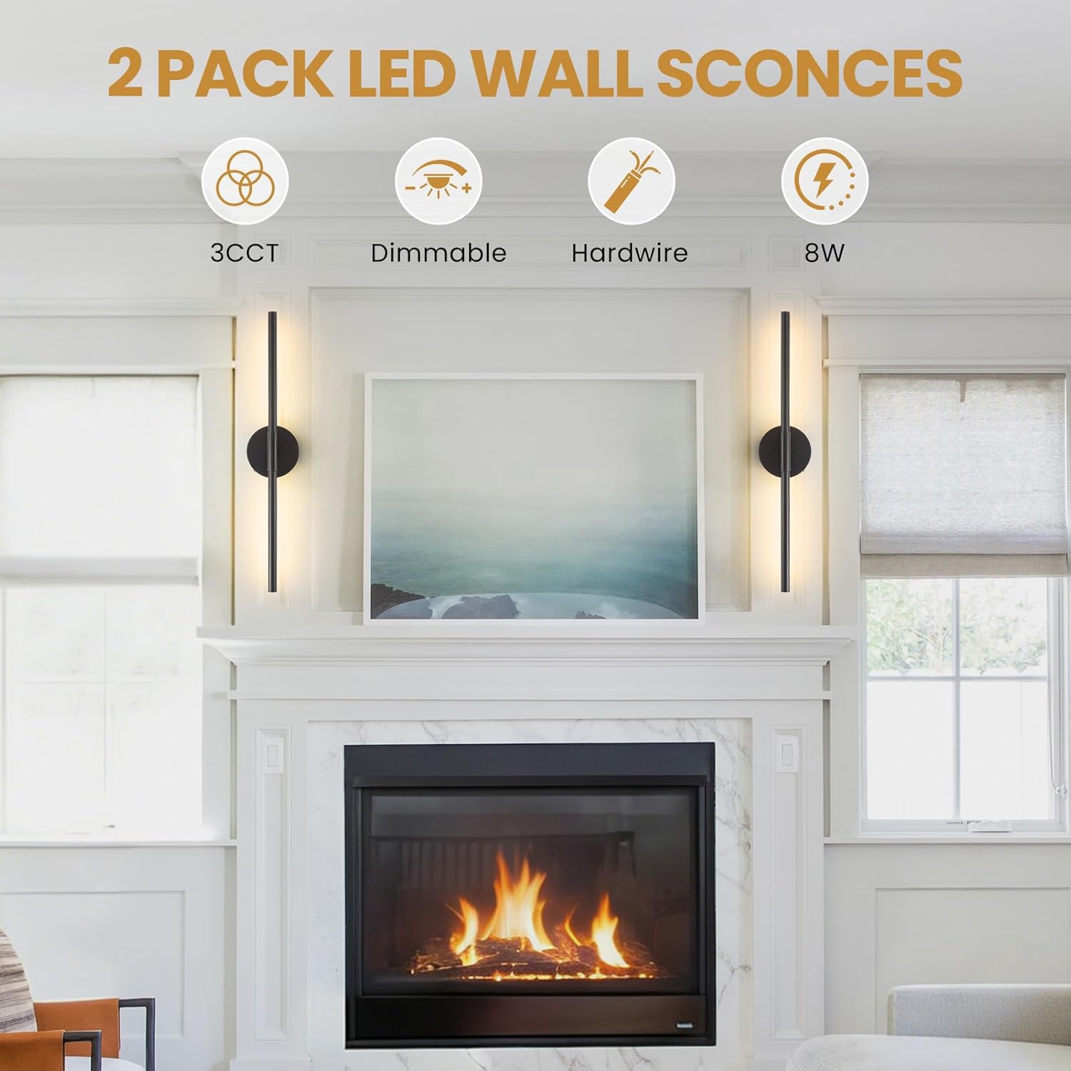 Lightania Hardwired Wall Sconces Set of Two, 24'' Modern Black LED Wall Lights, 360° Rotatable, 2700K-5000K Adjustable, 3CCT Dimmable Wall Sconce Light Fixture for Living Room Bedroom Hallway, ETL